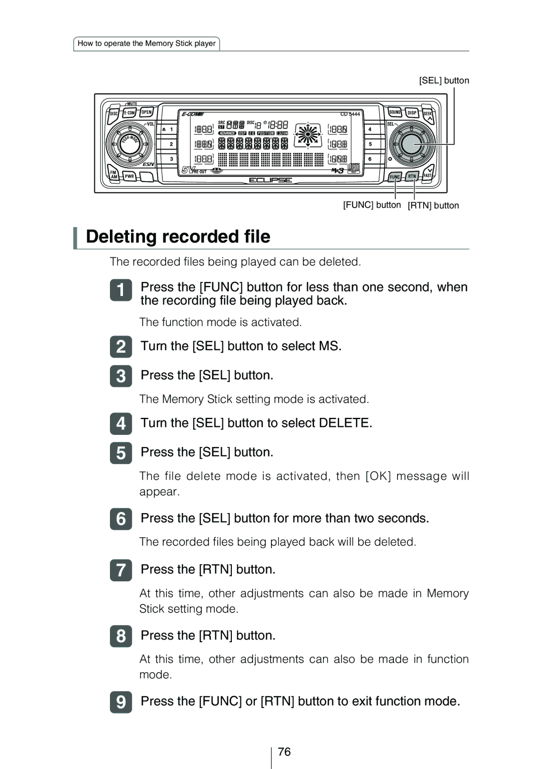 Eclipse - Fujitsu Ten CD5444 owner manual Deleting recorded file 