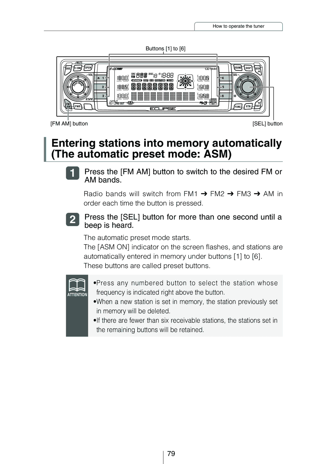 Eclipse - Fujitsu Ten CD5444 owner manual Press the SEL button for more than one second until a, Beep is heard 