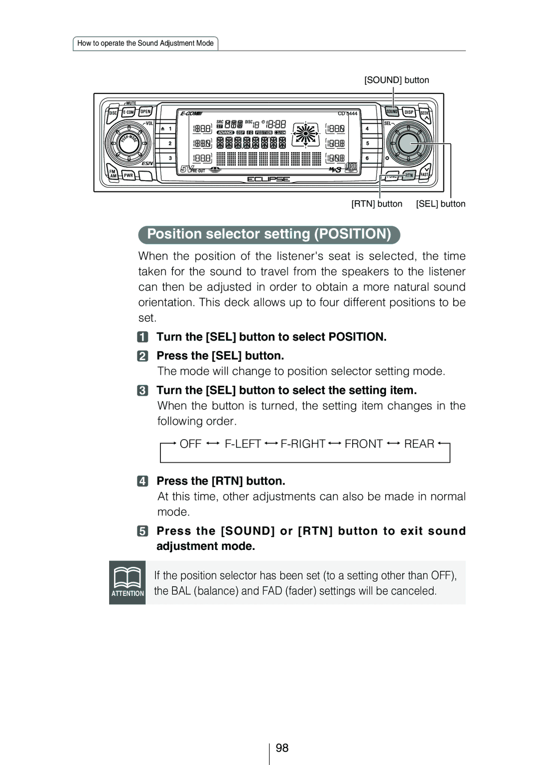 Eclipse - Fujitsu Ten CD5444 Position selector setting Position, Mode will change to position selector setting mode 