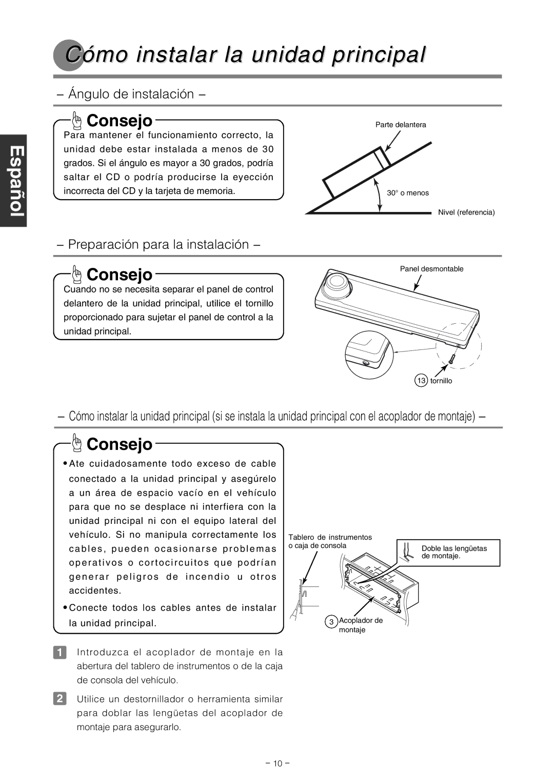 Eclipse - Fujitsu Ten CD7000 installation manual Cómo instalar la unidad principal, Español Français 