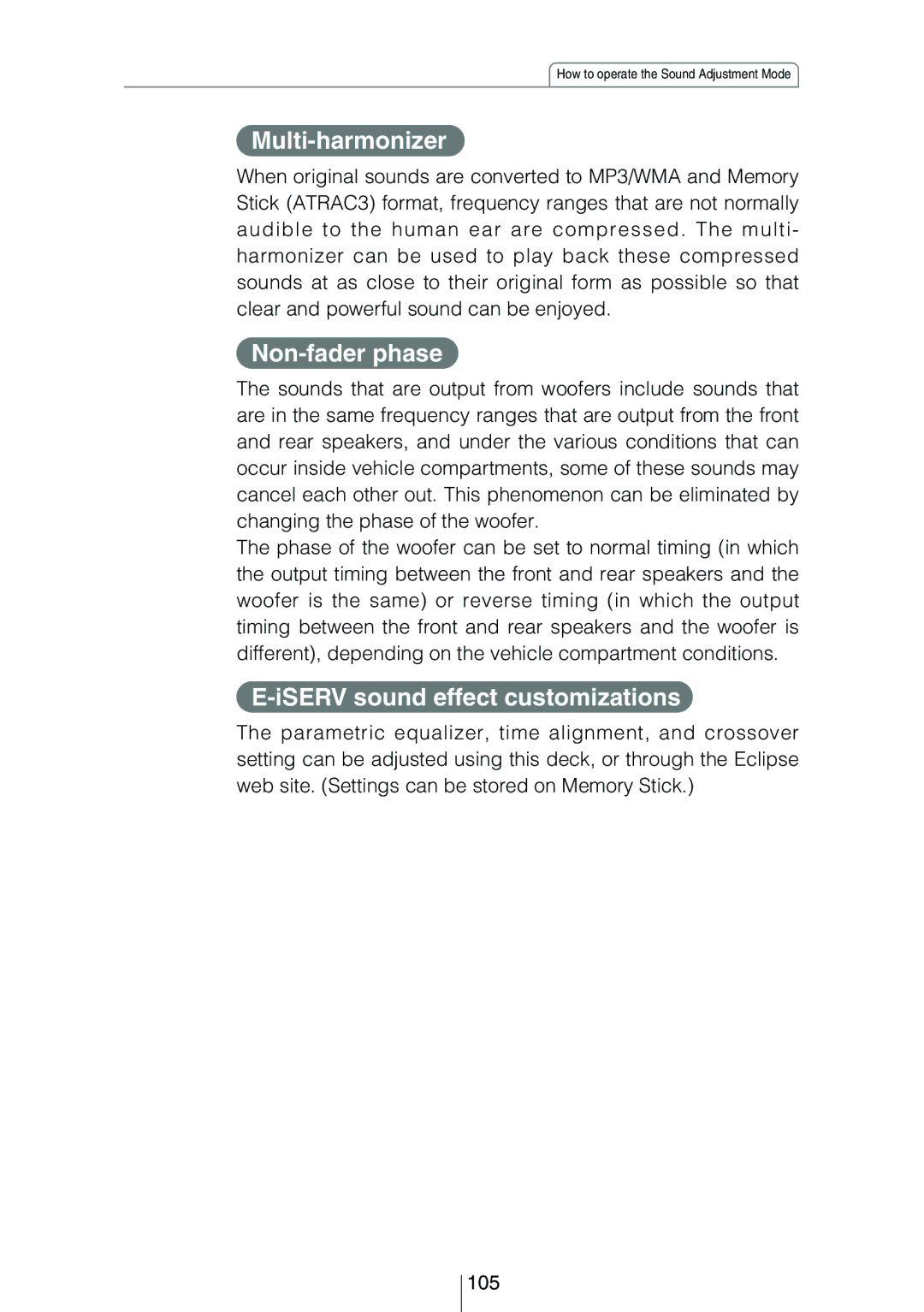 Eclipse - Fujitsu Ten CD8454 owner manual Multi-harmonizer, Non-fader phase, ISERV sound effect customizations 