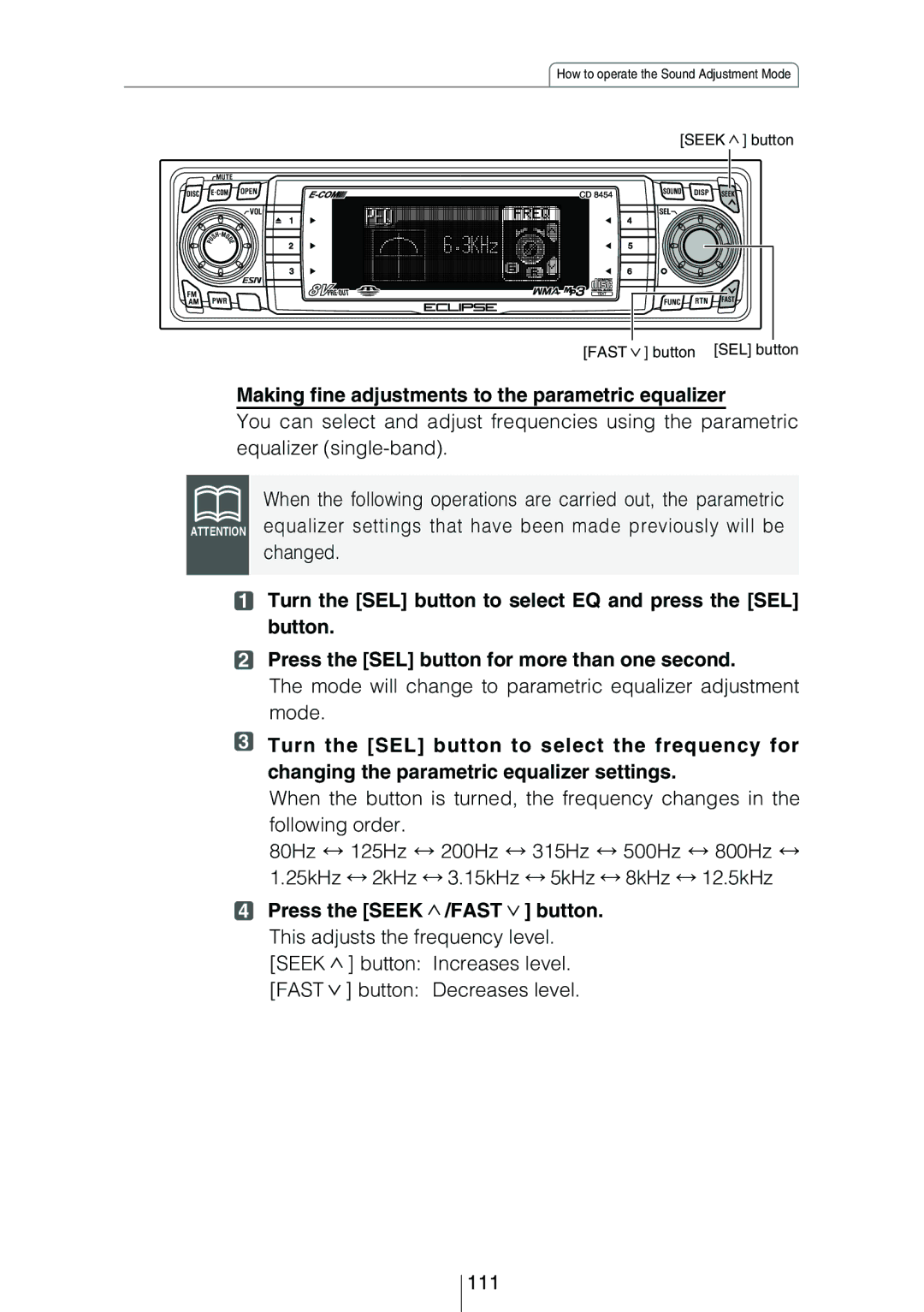 Eclipse - Fujitsu Ten CD8454 owner manual Making fine adjustments to the parametric equalizer, Changed, 111 