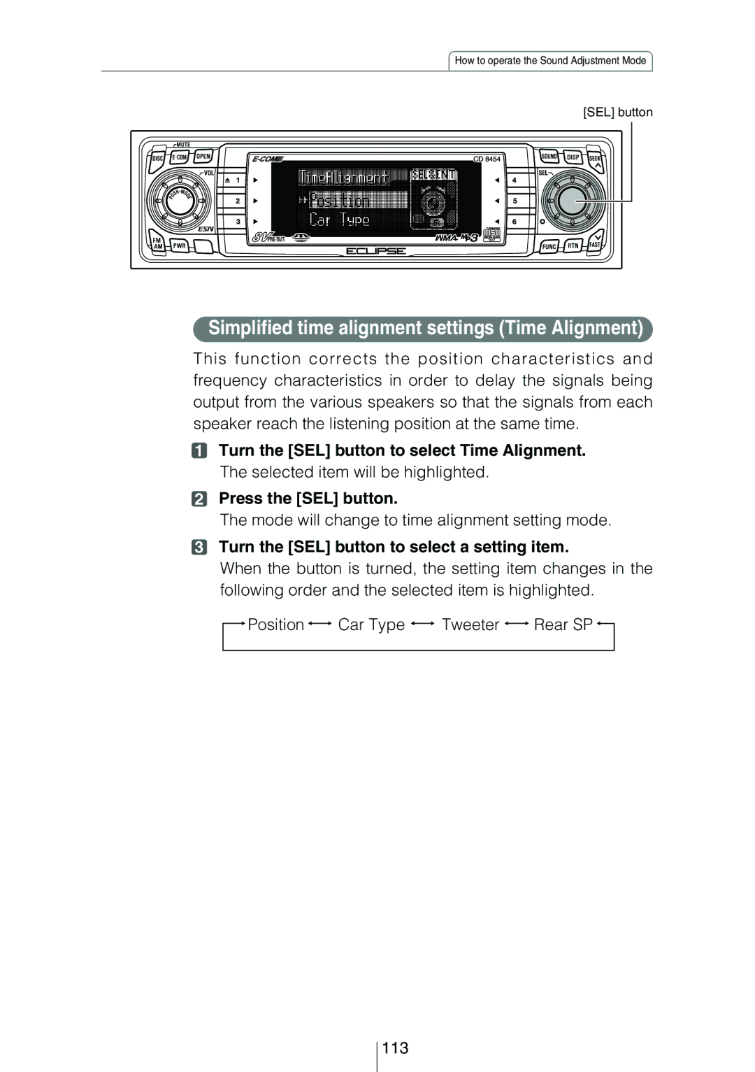 Eclipse - Fujitsu Ten CD8454 owner manual Simplified time alignment settings Time Alignment 