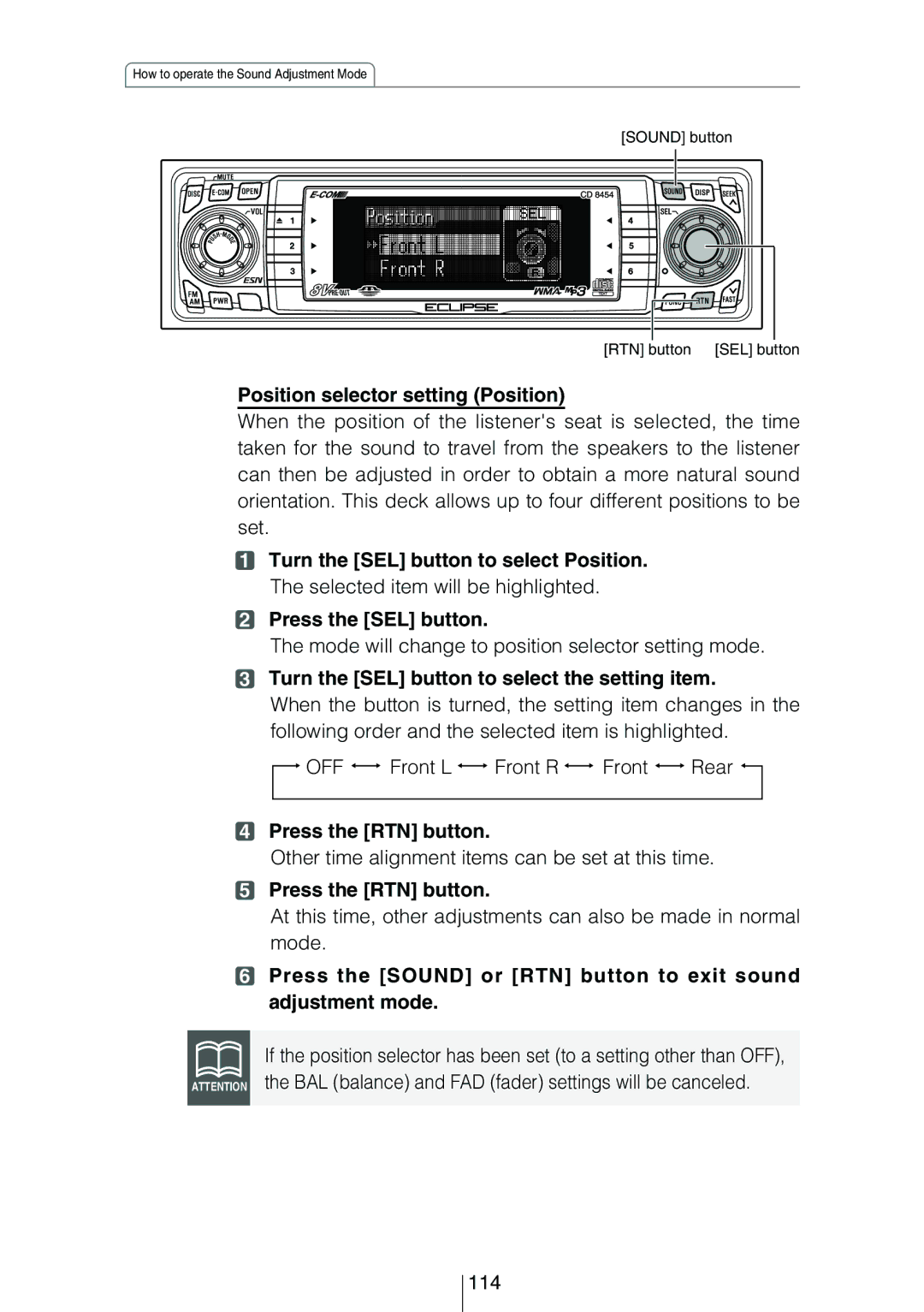 Eclipse - Fujitsu Ten CD8454 Position selector setting Position, Mode will change to position selector setting mode, 114 