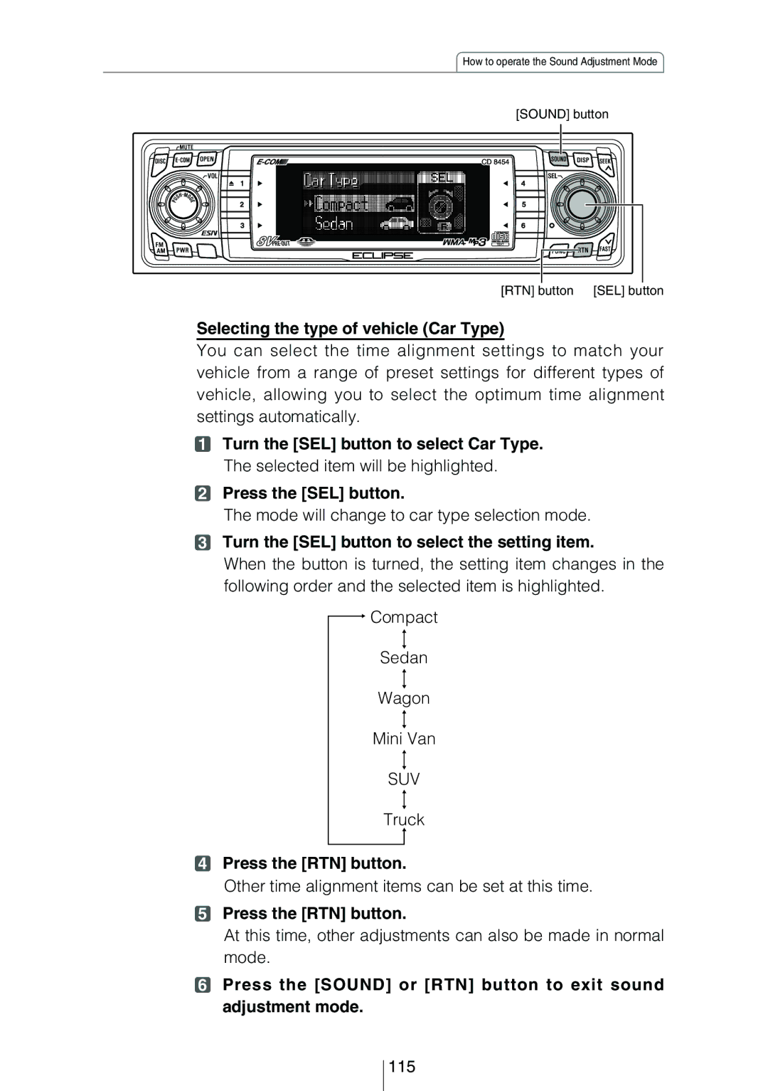 Eclipse - Fujitsu Ten CD8454 Selecting the type of vehicle Car Type, Mode will change to car type selection mode, Truck 