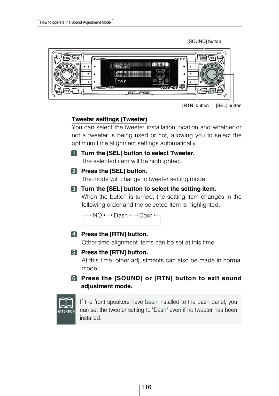 Eclipse - Fujitsu Ten CD8454 owner manual Tweeter settings Tweeter, Mode will change to tweeter setting mode, Installed 116 