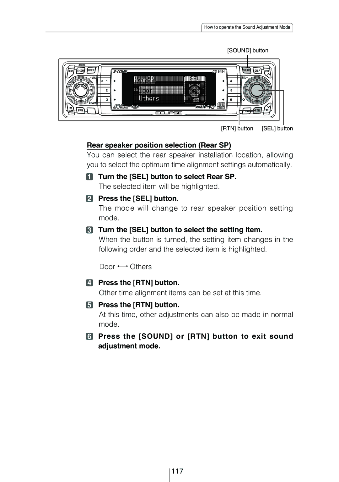 Eclipse - Fujitsu Ten CD8454 owner manual Rear speaker position selection Rear SP, 117 