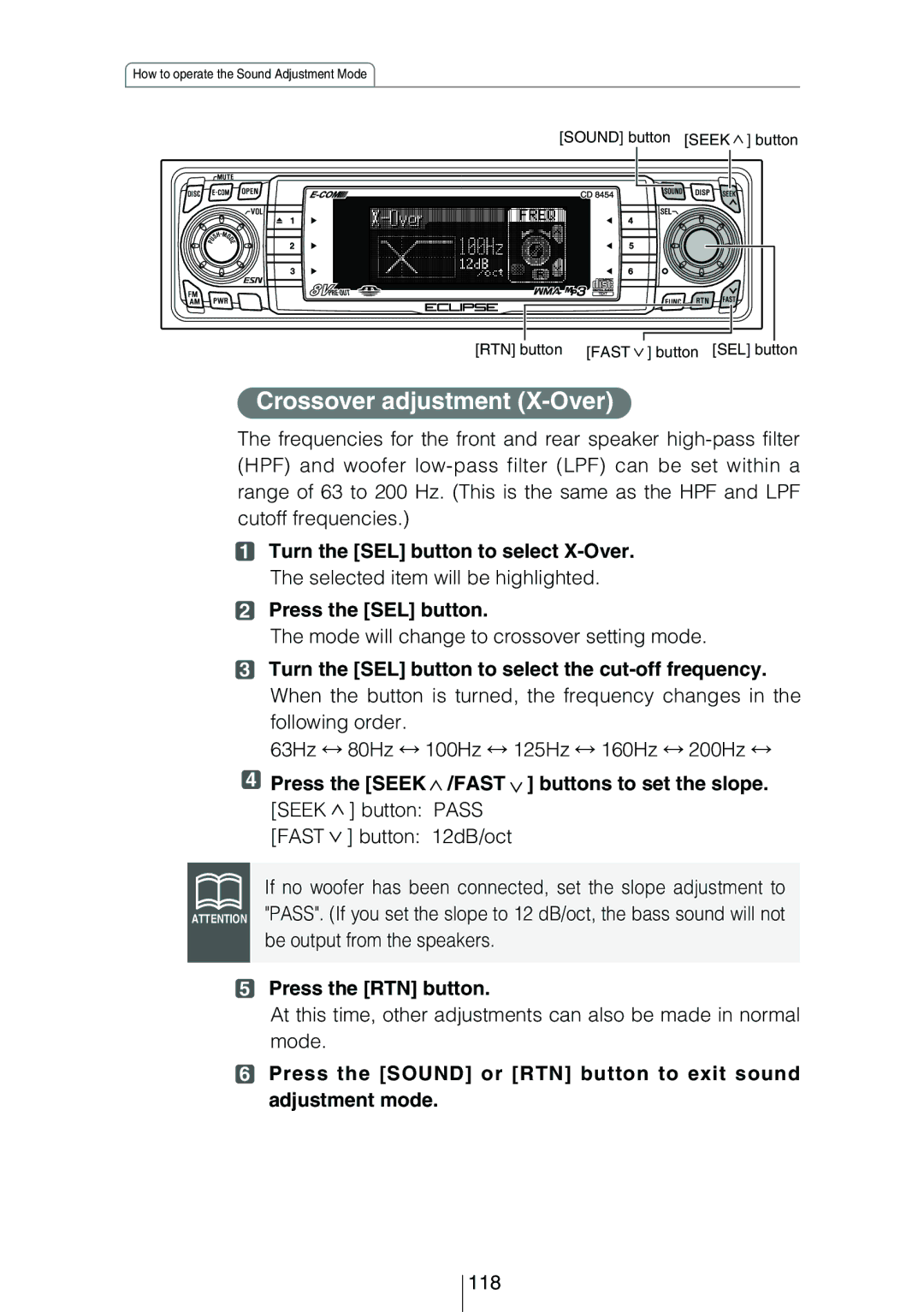 Eclipse - Fujitsu Ten CD8454 owner manual Crossover adjustment X-Over 