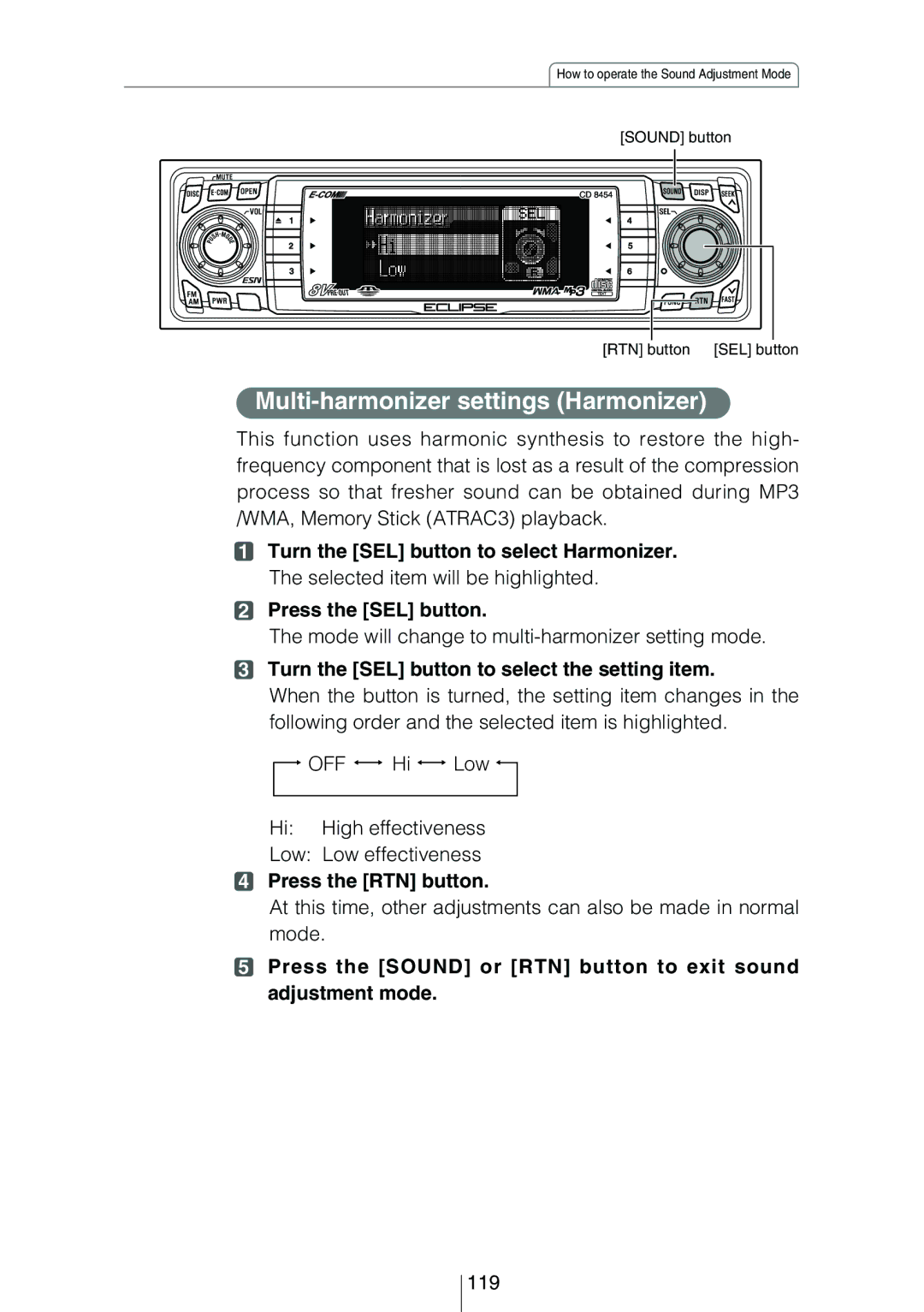 Eclipse - Fujitsu Ten CD8454 Multi-harmonizer settings Harmonizer, Mode will change to multi-harmonizer setting mode, 119 