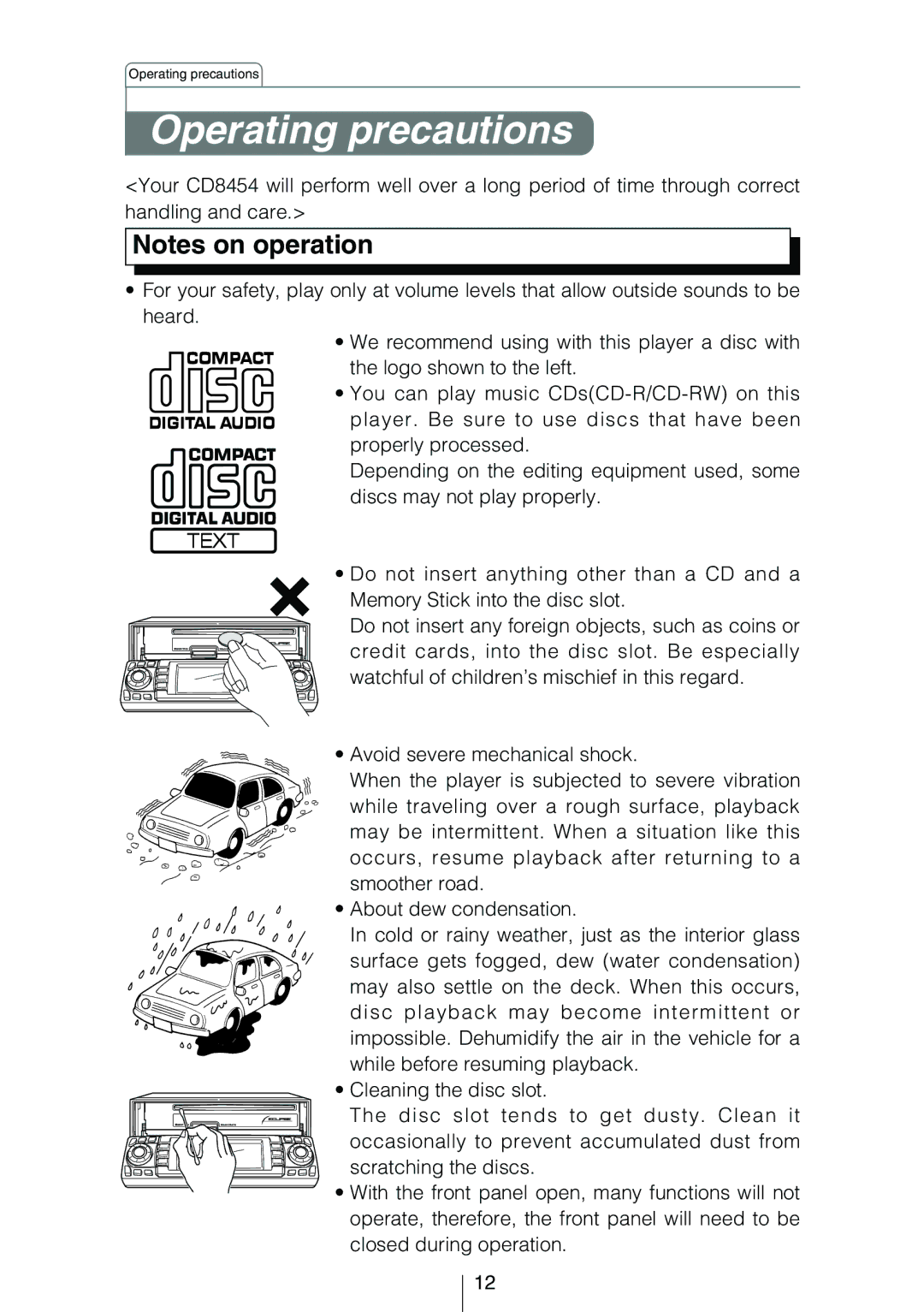 Eclipse - Fujitsu Ten CD8454 owner manual Operating precautions 