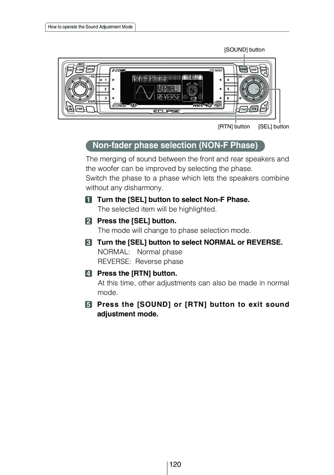 Eclipse - Fujitsu Ten CD8454 Non-fader phase selection NON-F Phase, Mode will change to phase selection mode, 120 