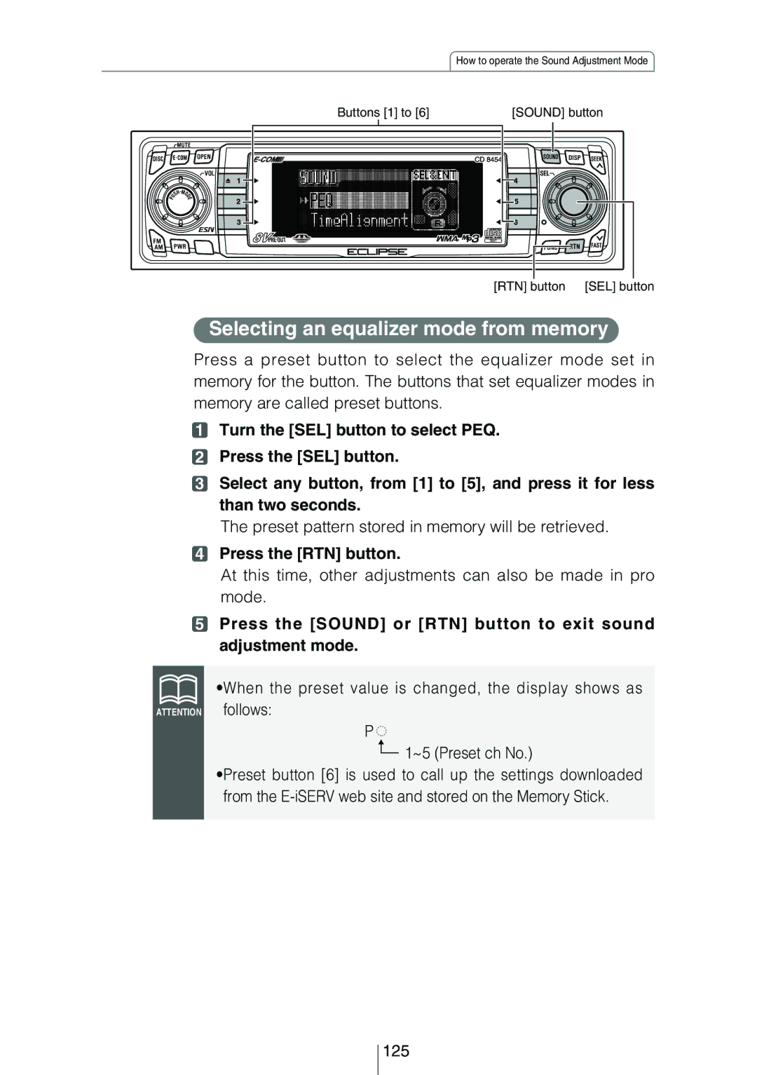 Eclipse - Fujitsu Ten CD8454 owner manual Selecting an equalizer mode from memory, 125 