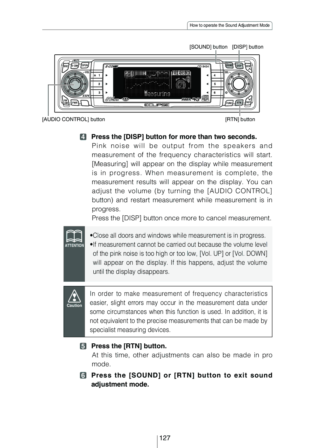 Eclipse - Fujitsu Ten CD8454 owner manual Press the Disp button once more to cancel measurement, 127 