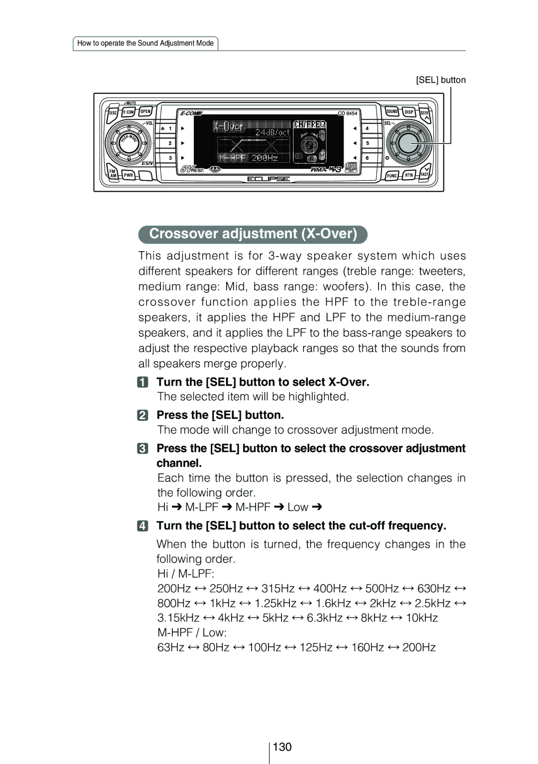 Eclipse - Fujitsu Ten CD8454 owner manual Mode will change to crossover adjustment mode 