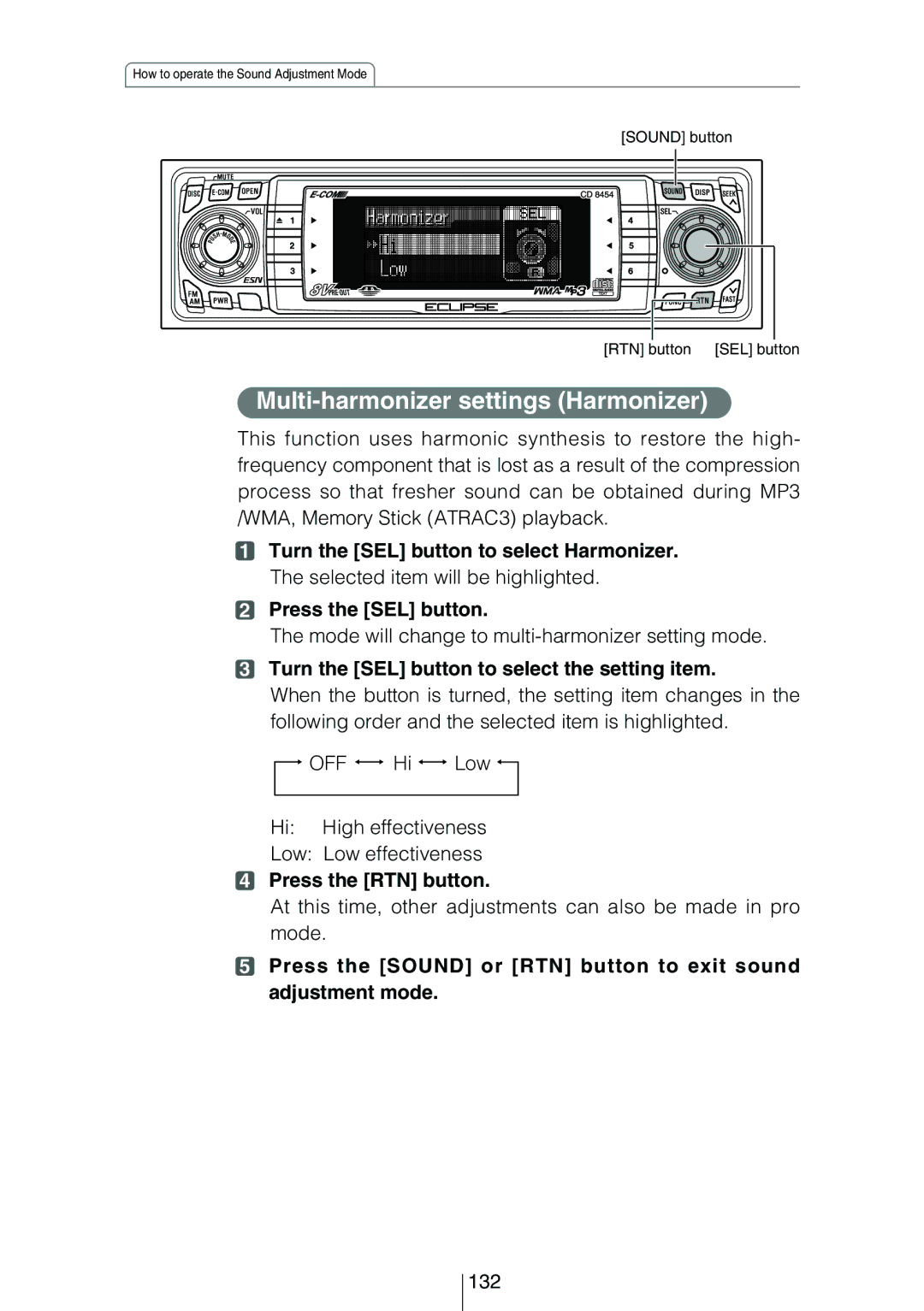 Eclipse - Fujitsu Ten CD8454 owner manual Multi-harmonizer settings Harmonizer, 132 