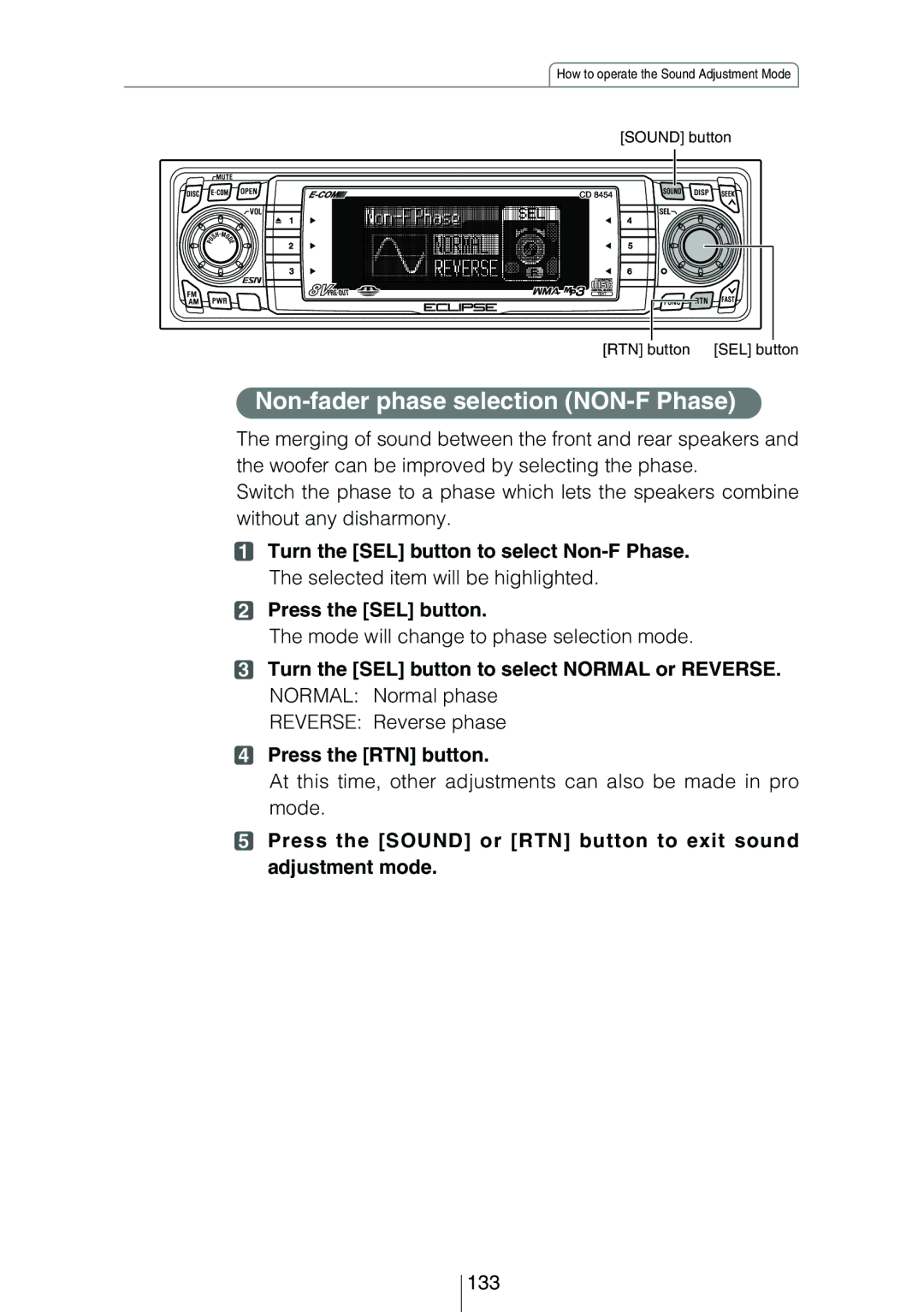 Eclipse - Fujitsu Ten CD8454 owner manual Non-fader phase selection NON-F Phase, 133 