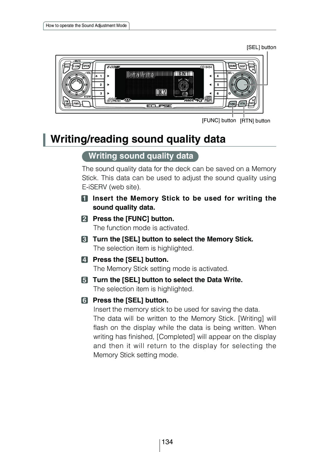 Eclipse - Fujitsu Ten CD8454 owner manual Writing/reading sound quality data, Writing sound quality data 