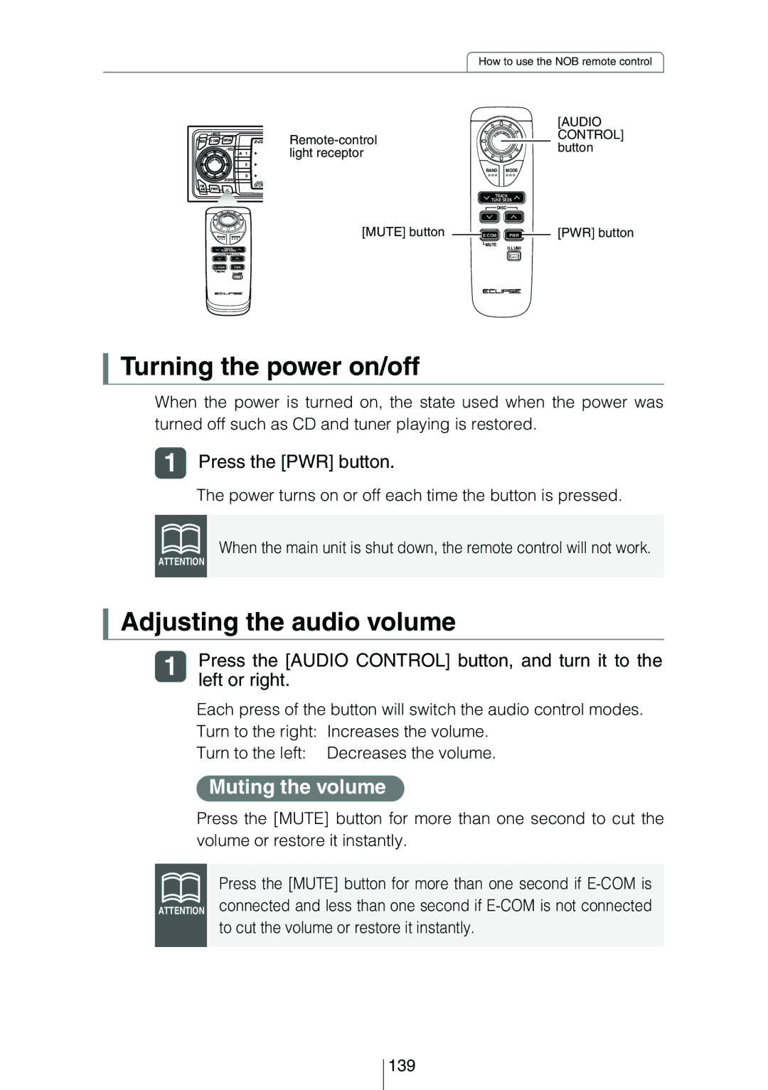 Eclipse - Fujitsu Ten CD8454 owner manual Turning the power on/off, Adjusting the audio volume, Muting the volume 