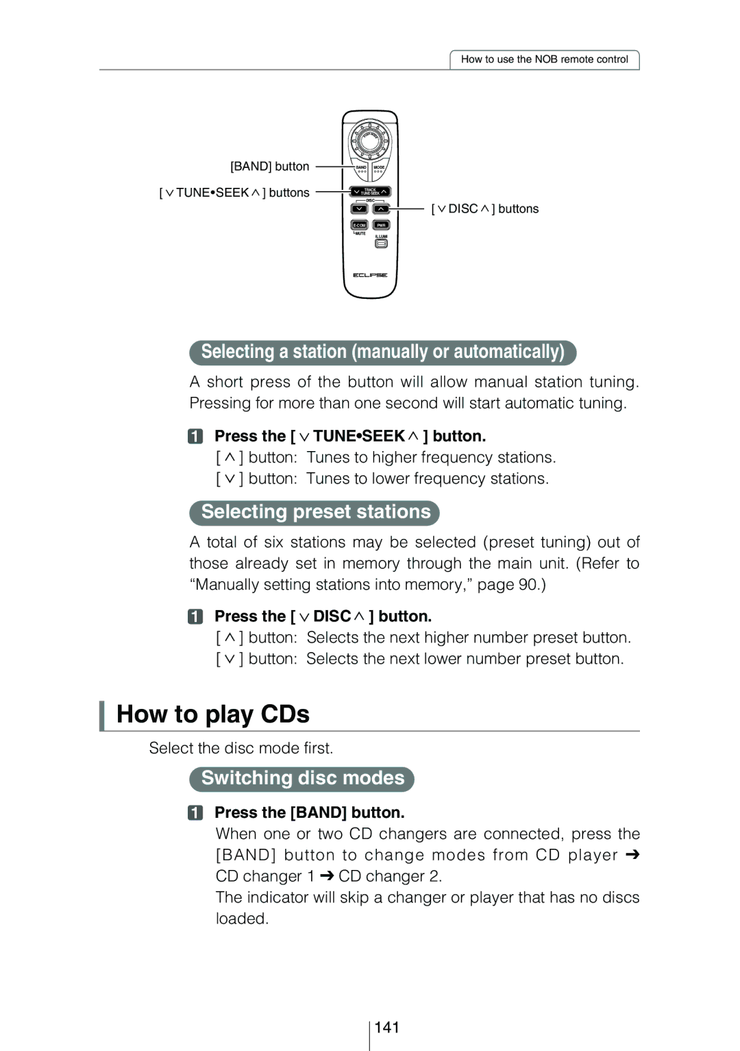 Eclipse - Fujitsu Ten CD8454 How to play CDs, Selecting a station manually or automatically, Selecting preset stations 