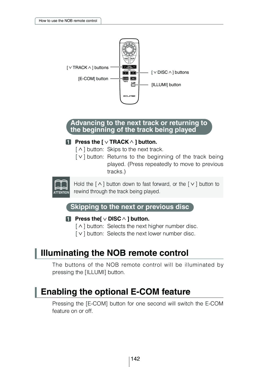 Eclipse - Fujitsu Ten CD8454 owner manual Illuminating the NOB remote control, Enabling the optional E-COM feature 