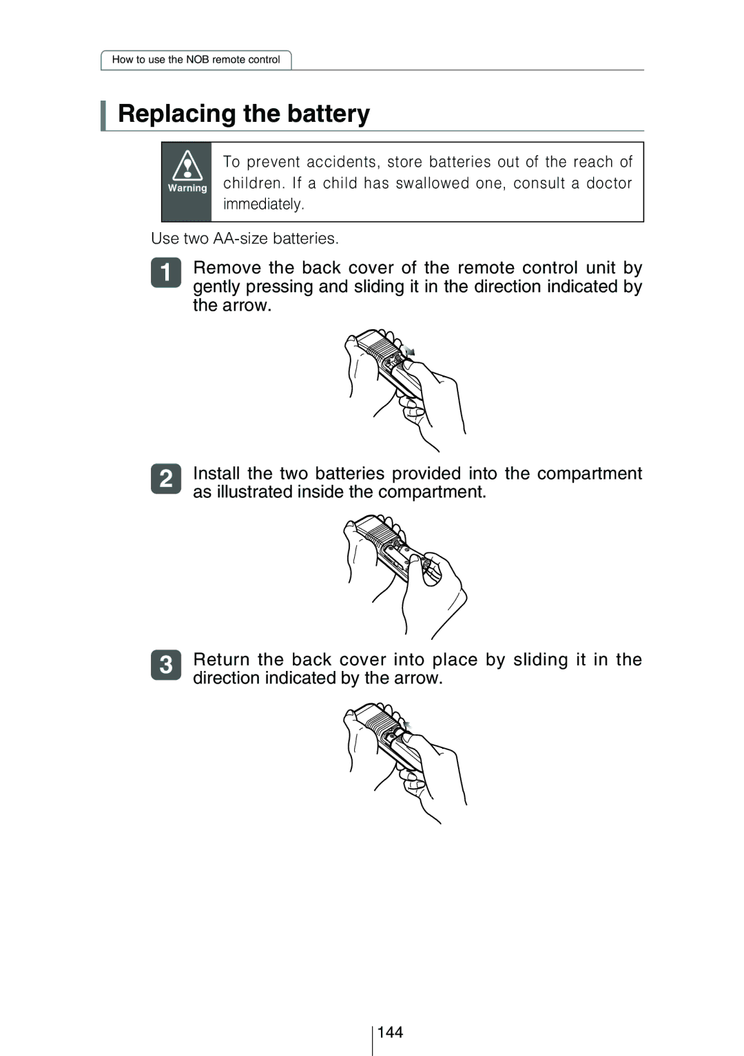 Eclipse - Fujitsu Ten CD8454 owner manual Replacing the battery, Remove the back cover of the remote control unit by, 144 