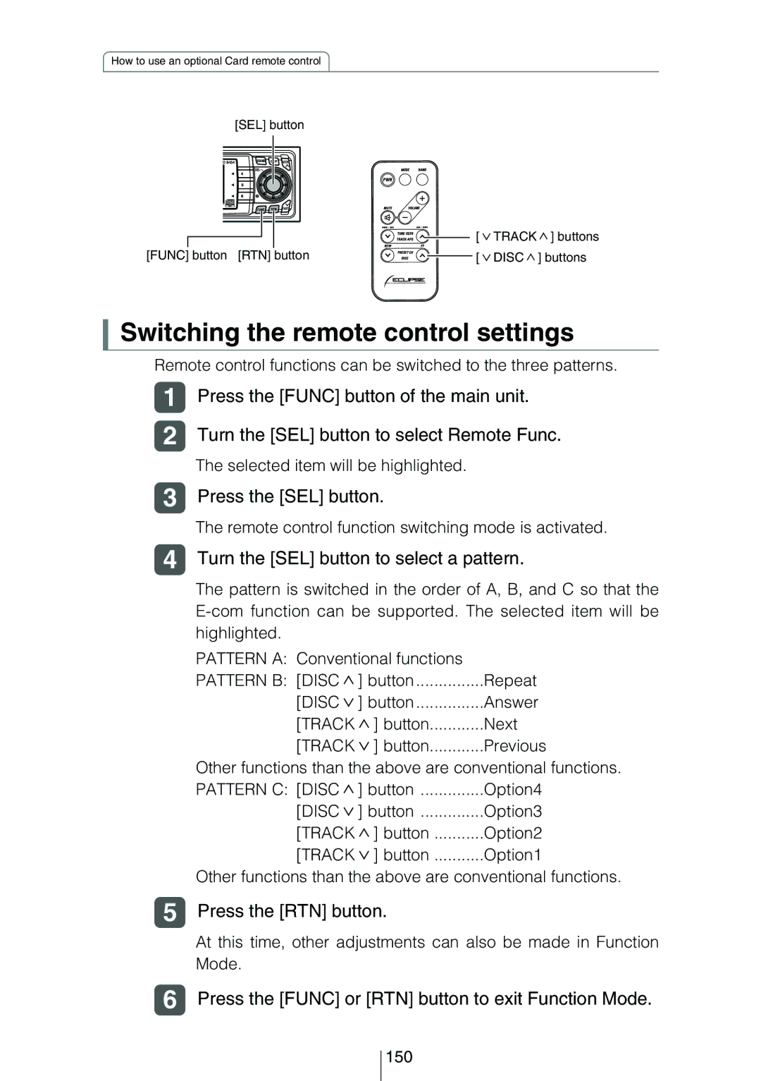 Eclipse - Fujitsu Ten CD8454 owner manual Switching the remote control settings, 150 