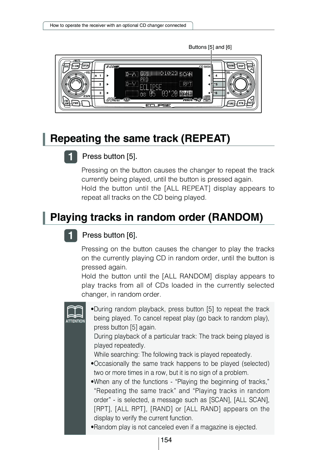 Eclipse - Fujitsu Ten CD8454 owner manual Repeating the same track Repeat 