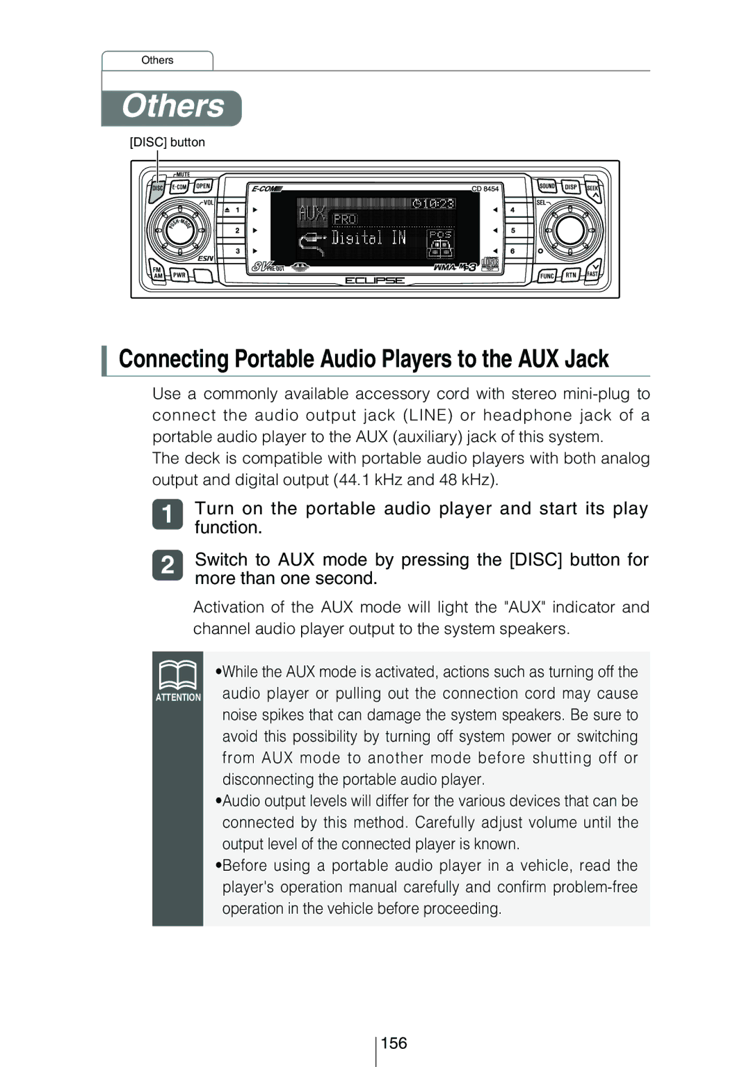 Eclipse - Fujitsu Ten CD8454 Others, Turn on the portable audio player and start its play, Function, More than one second 