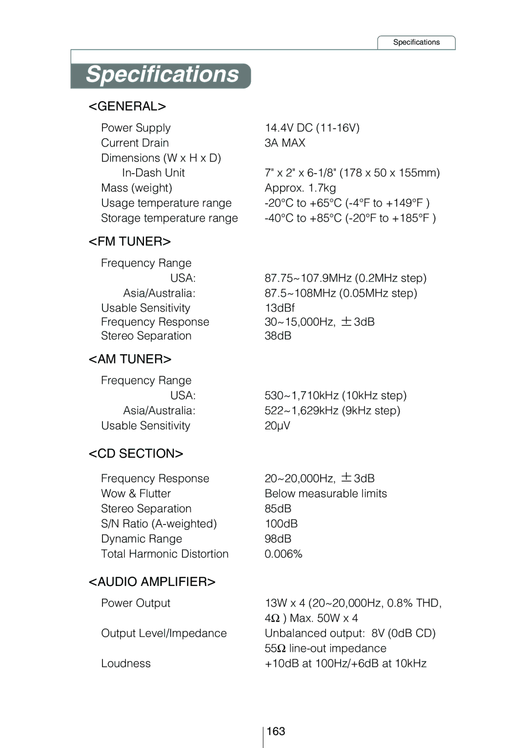 Eclipse - Fujitsu Ten CD8454 owner manual Specifications 