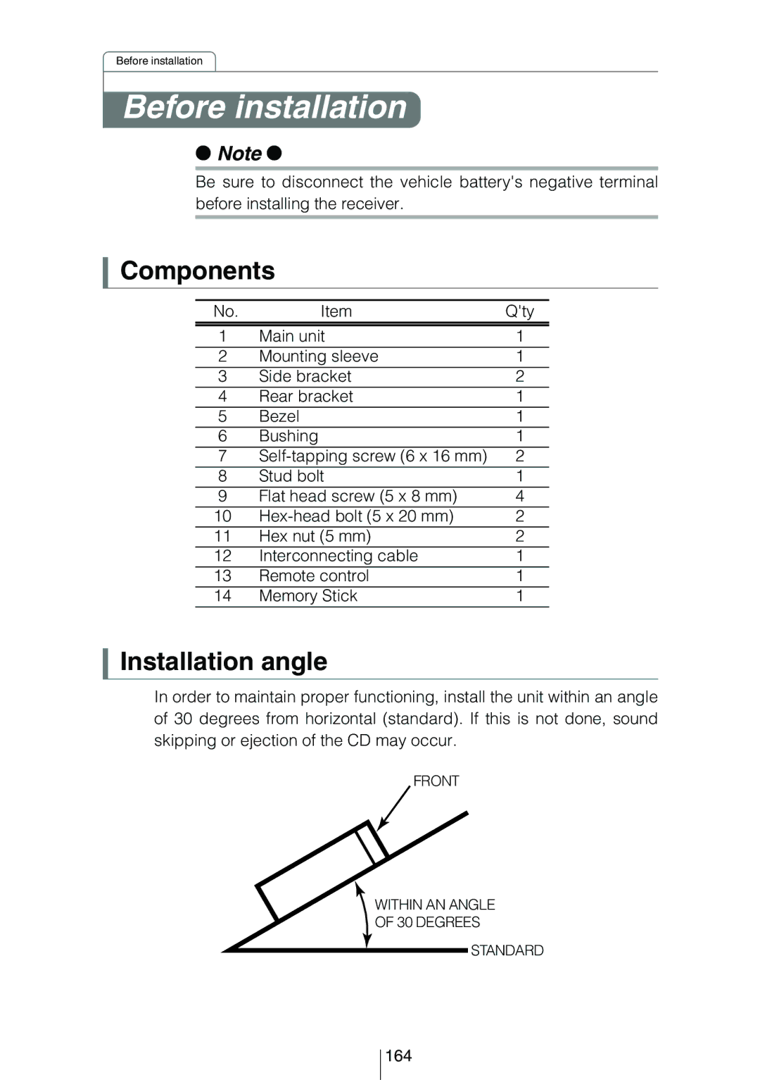 Eclipse - Fujitsu Ten CD8454 owner manual Before installation, Components, Installation angle, Qty, 164 