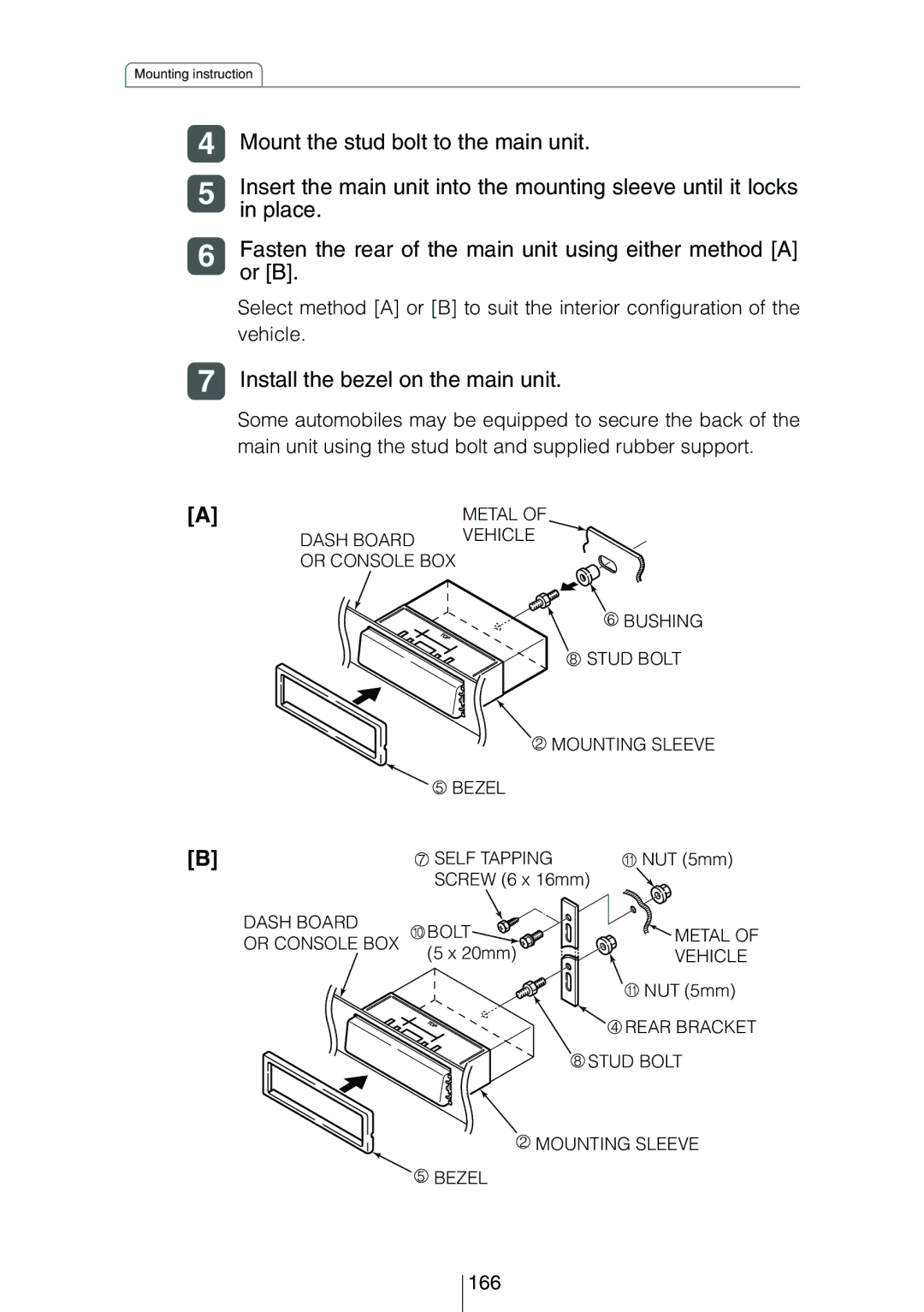 Eclipse - Fujitsu Ten CD8454 Mount the stud bolt to the main unit, Place, Or B, Install the bezel on the main unit 