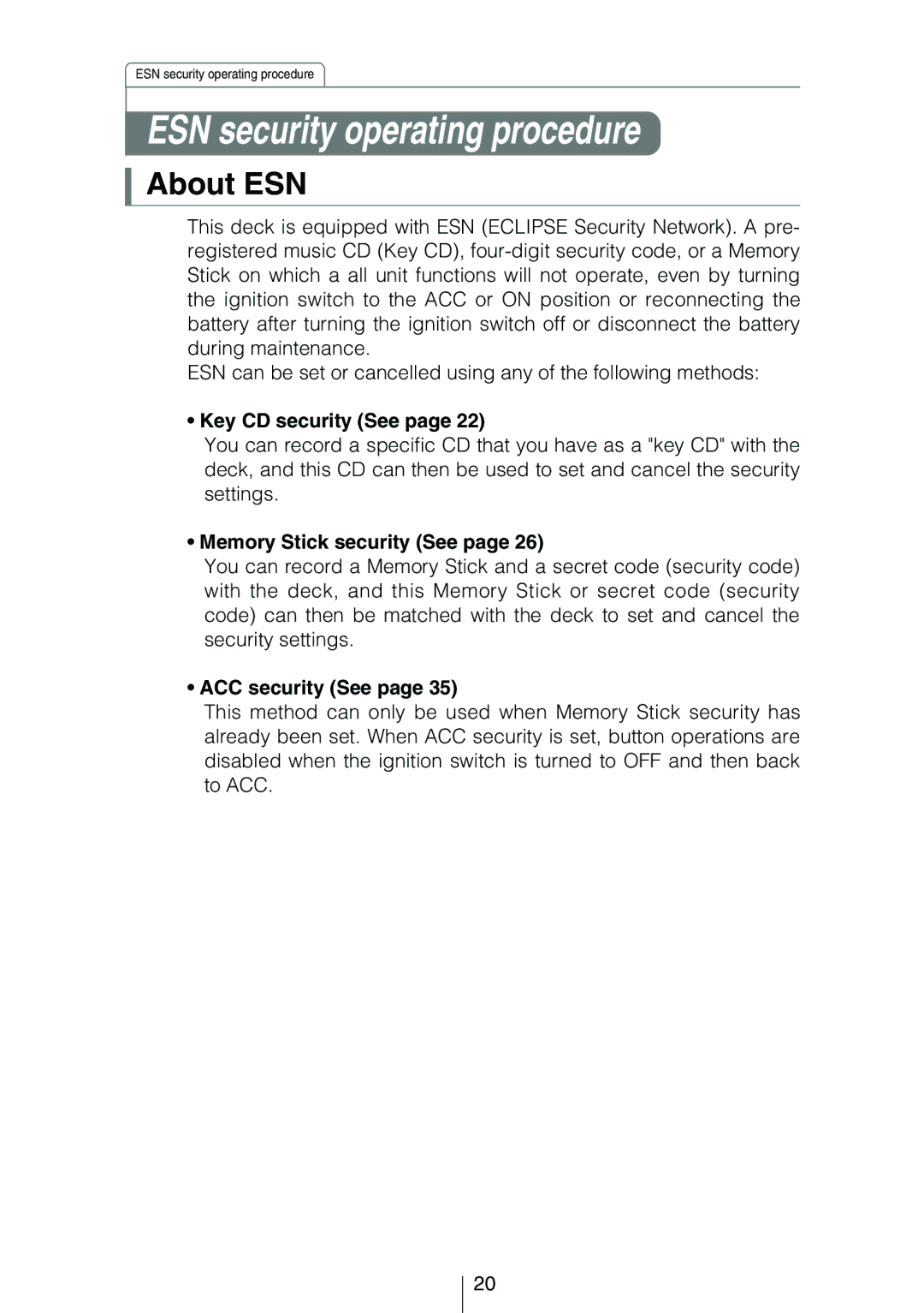 Eclipse - Fujitsu Ten CD8454 owner manual About ESN, Key CD security See, Memory Stick security See, ACC security See 