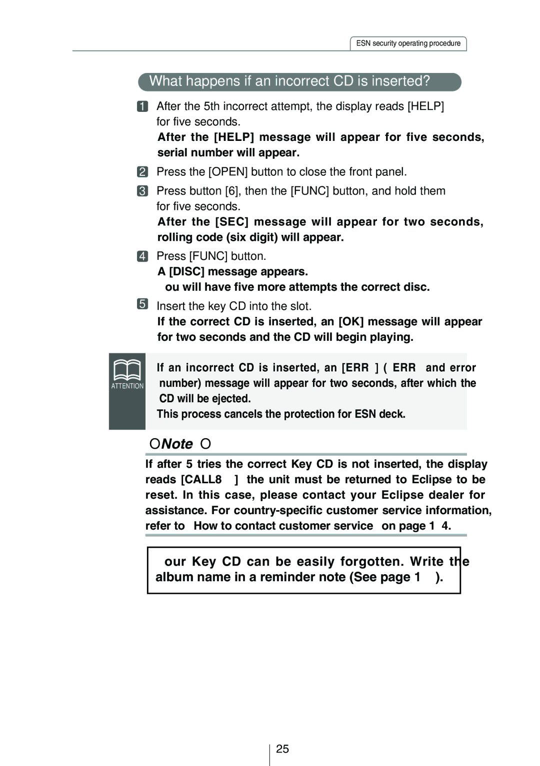 Eclipse - Fujitsu Ten CD8454 owner manual What happens if an incorrect CD is inserted?, Press Func button 