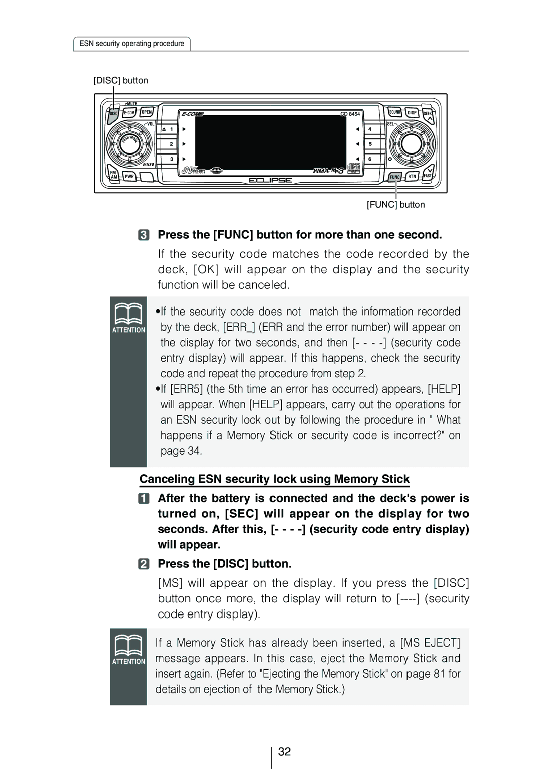 Eclipse - Fujitsu Ten CD8454 owner manual Disc button Func button 