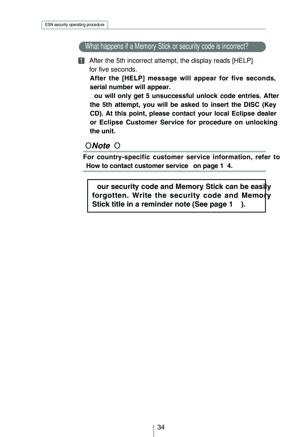 Eclipse - Fujitsu Ten CD8454 owner manual ESN security operating procedure 