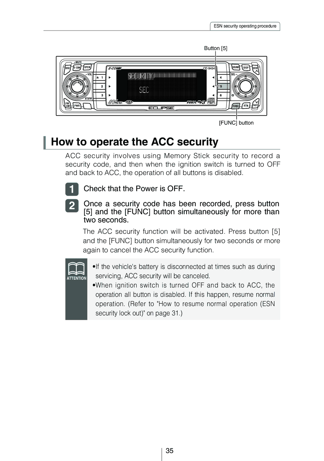 Eclipse - Fujitsu Ten CD8454 How to operate the ACC security, Once a security code has been recorded, press button 