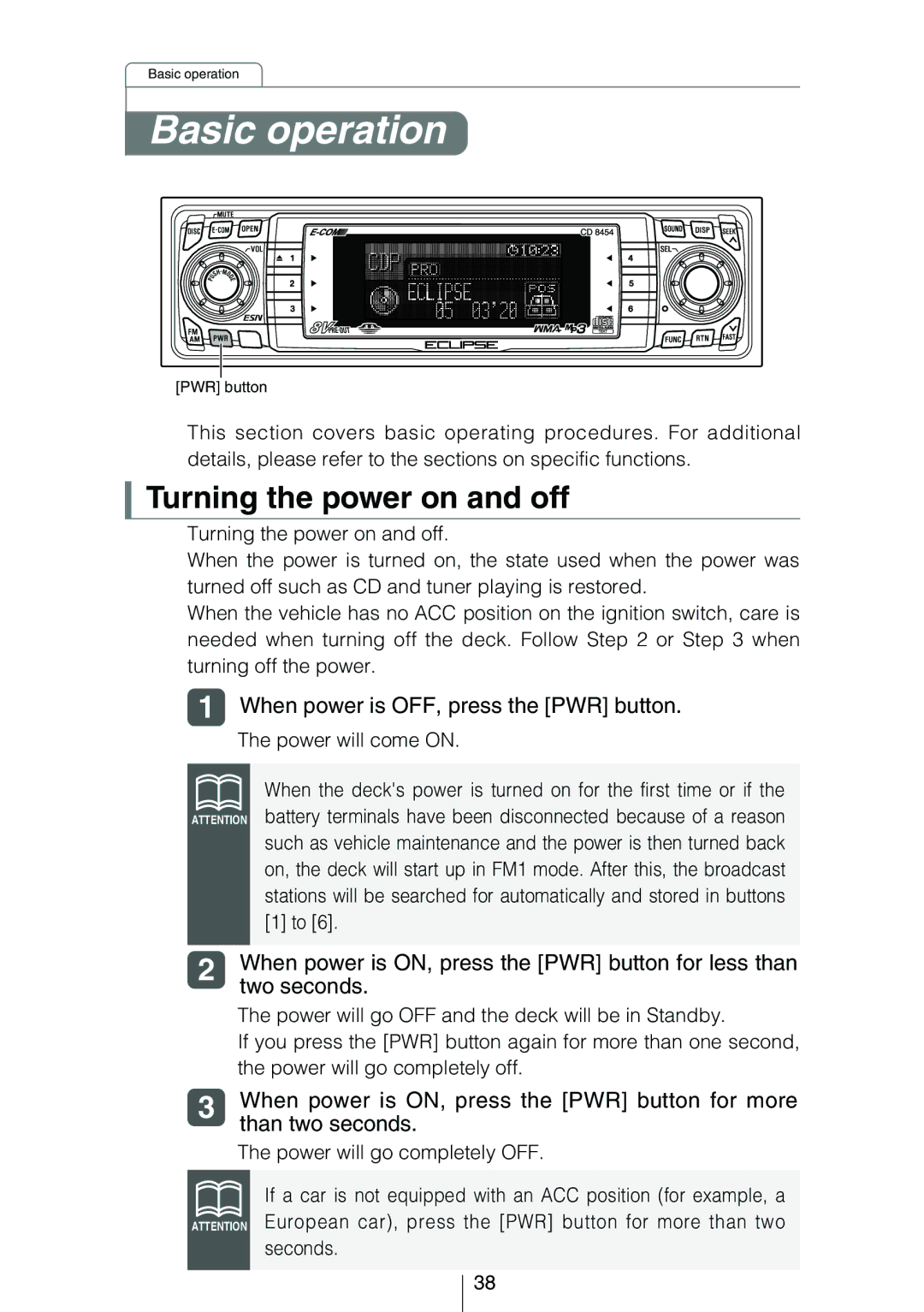 Eclipse - Fujitsu Ten CD8454 owner manual Basic operation, Turning the power on and off 