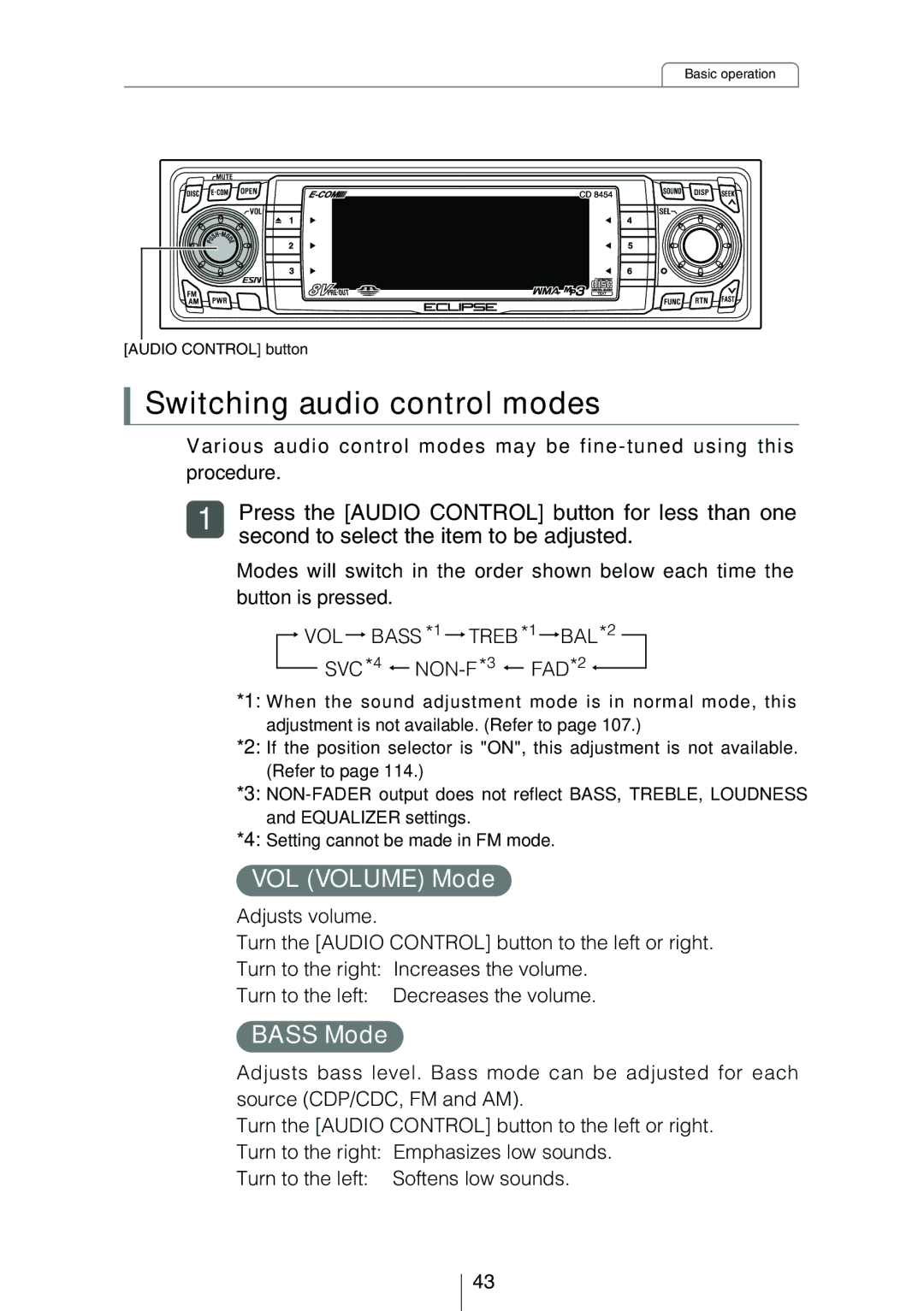 Eclipse - Fujitsu Ten CD8454 owner manual Switching audio control modes, VOL Volume Mode, Bass Mode 