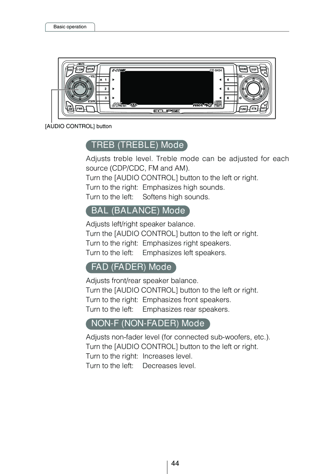 Eclipse - Fujitsu Ten CD8454 owner manual Treb Treble Mode, BAL Balance Mode, FAD Fader Mode, NON-F NON-FADER Mode 