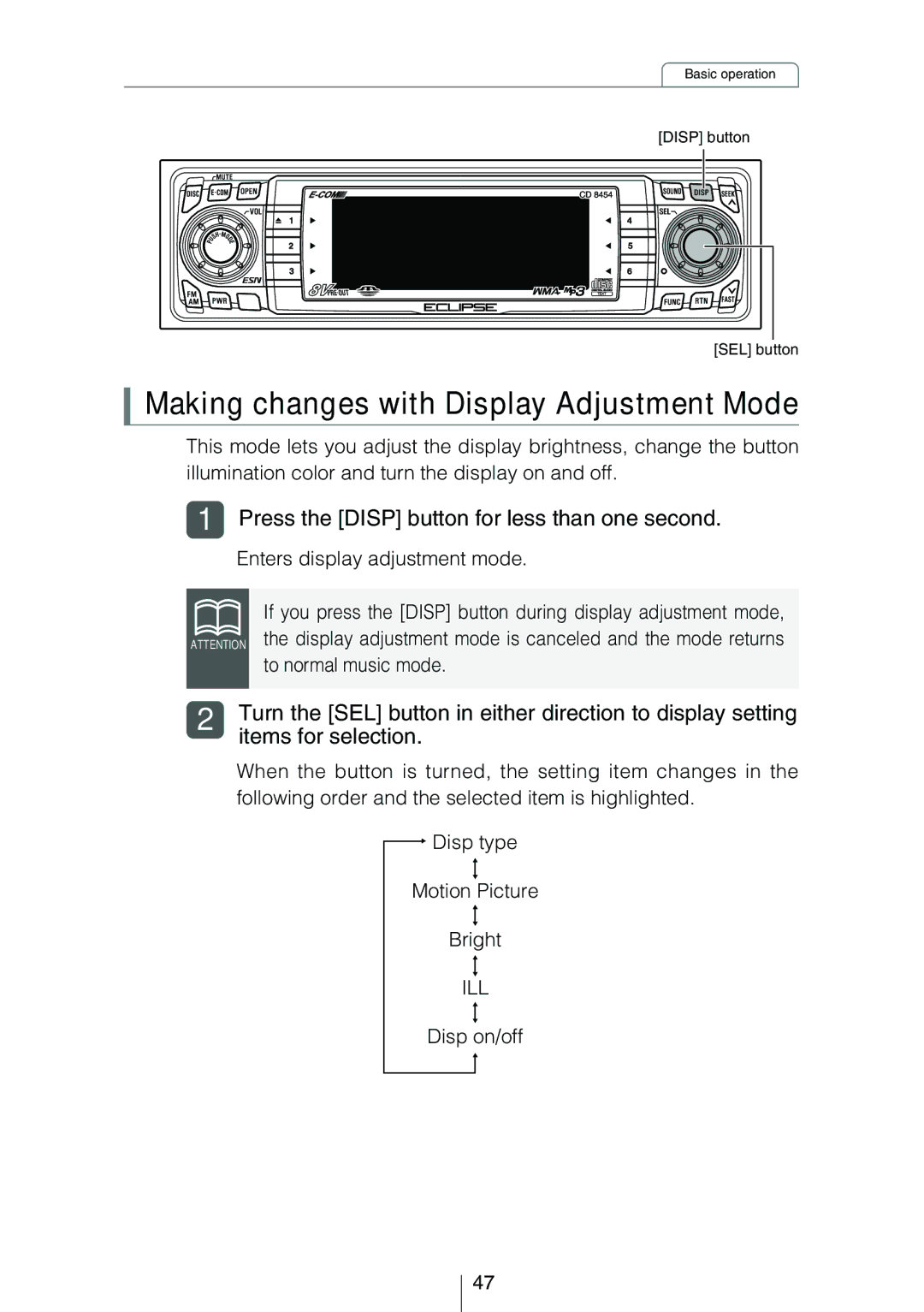 Eclipse - Fujitsu Ten CD8454 Making changes with Display Adjustment Mode, Items for selection, To normal music mode 