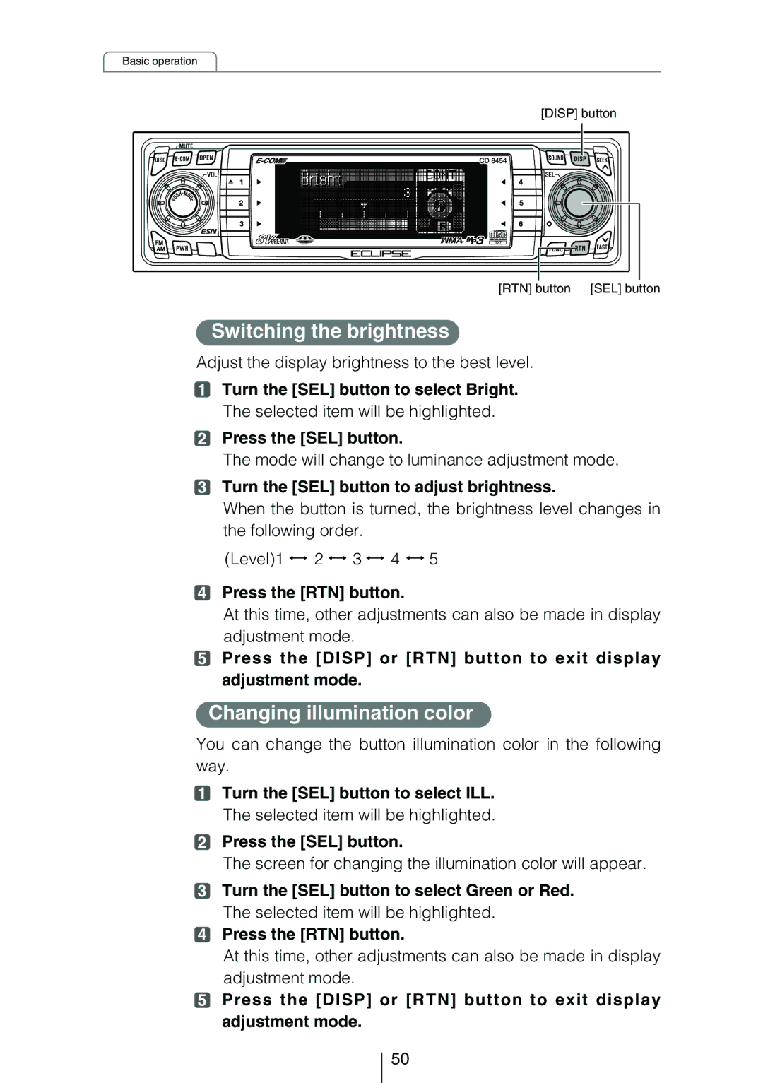 Eclipse - Fujitsu Ten CD8454 owner manual Switching the brightness, Changing illumination color 