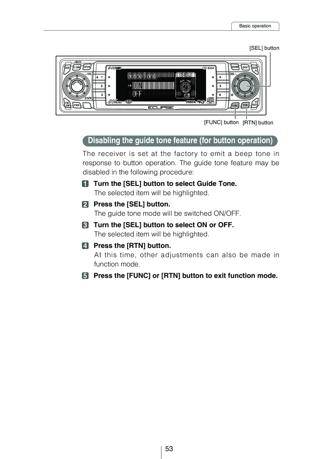 Eclipse - Fujitsu Ten CD8454 owner manual Disabling the guide tone feature for button operation 