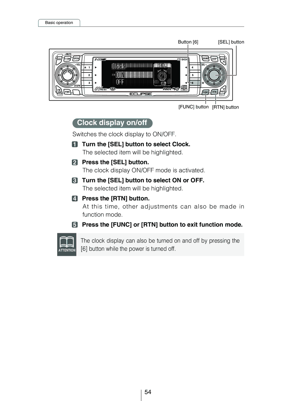 Eclipse - Fujitsu Ten CD8454 owner manual Clock display on/off, Switches the clock display to ON/OFF 