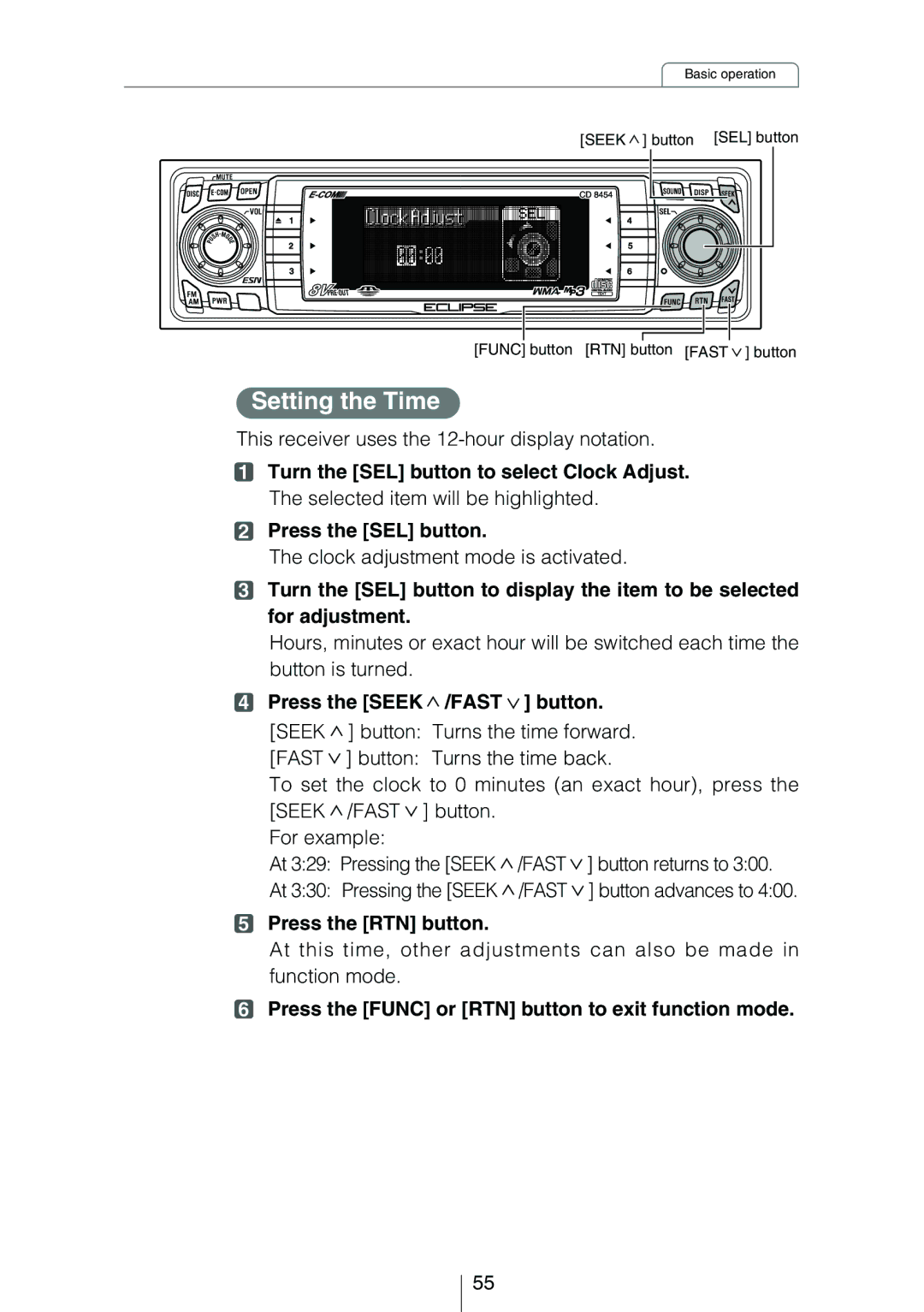 Eclipse - Fujitsu Ten CD8454 owner manual Setting the Time, This receiver uses the 12-hour display notation 