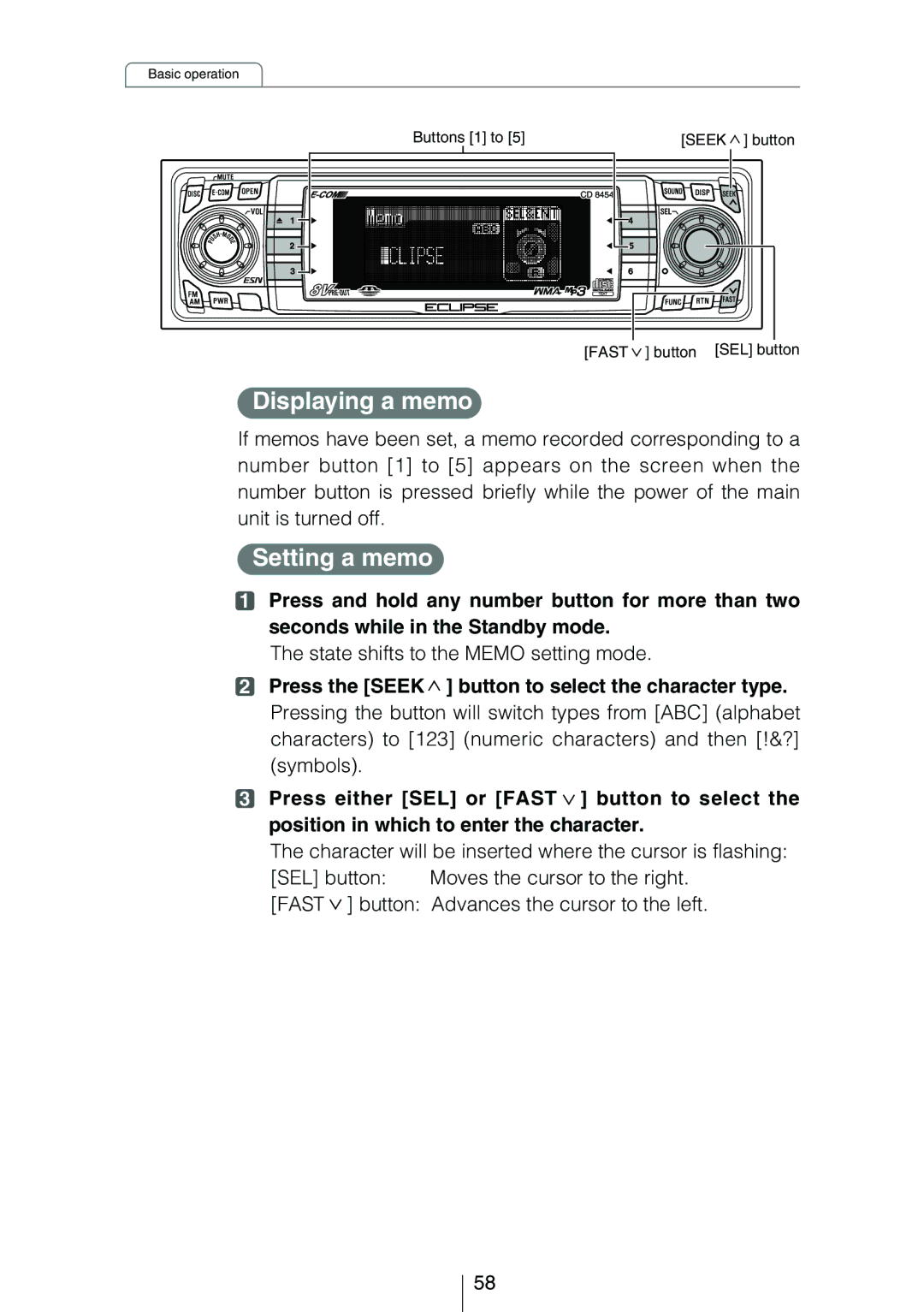 Eclipse - Fujitsu Ten CD8454 owner manual Displaying a memo, Setting a memo, State shifts to the Memo setting mode 