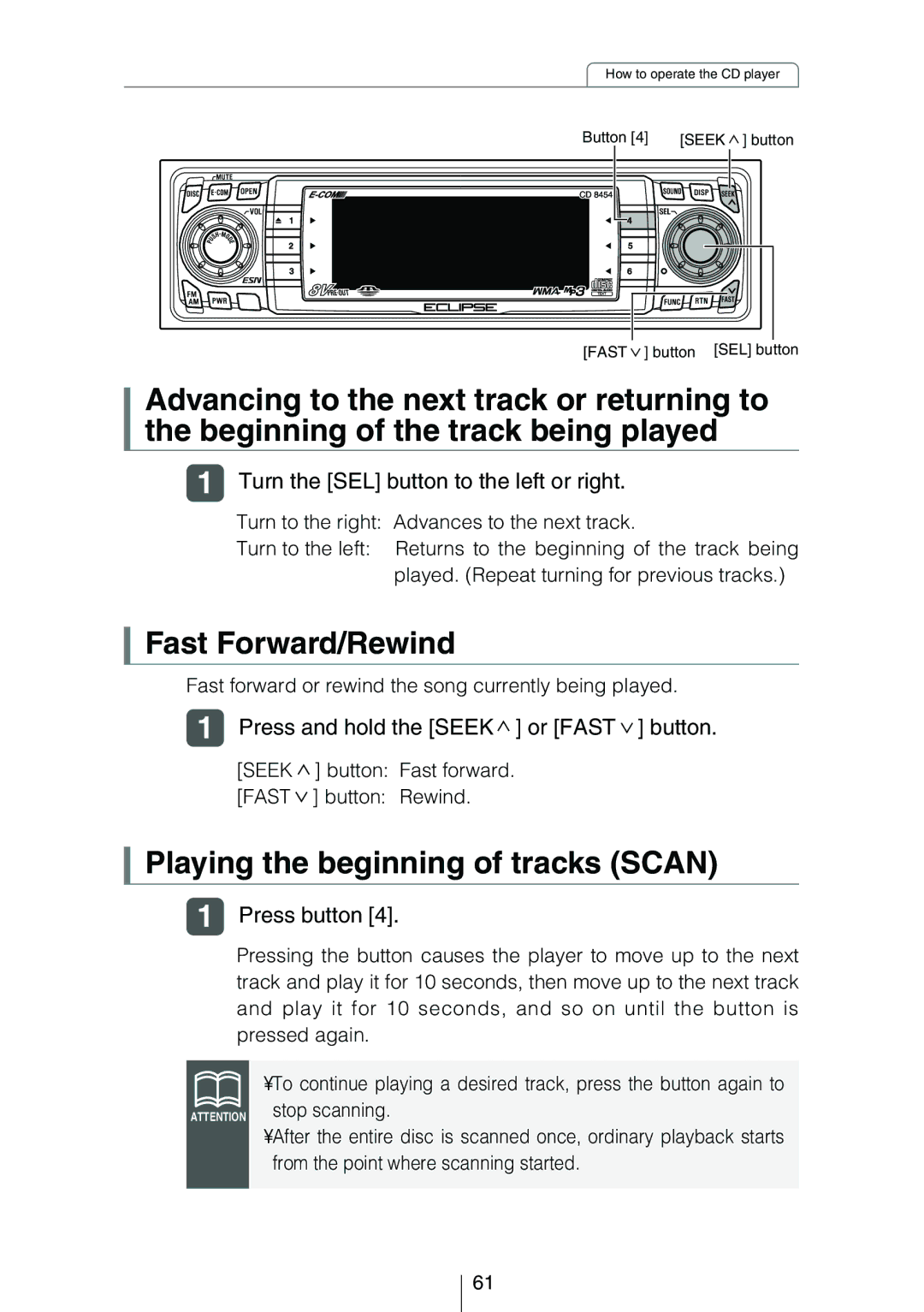 Eclipse - Fujitsu Ten CD8454 owner manual Fast Forward/Rewind, Playing the beginning of tracks Scan, Press button 