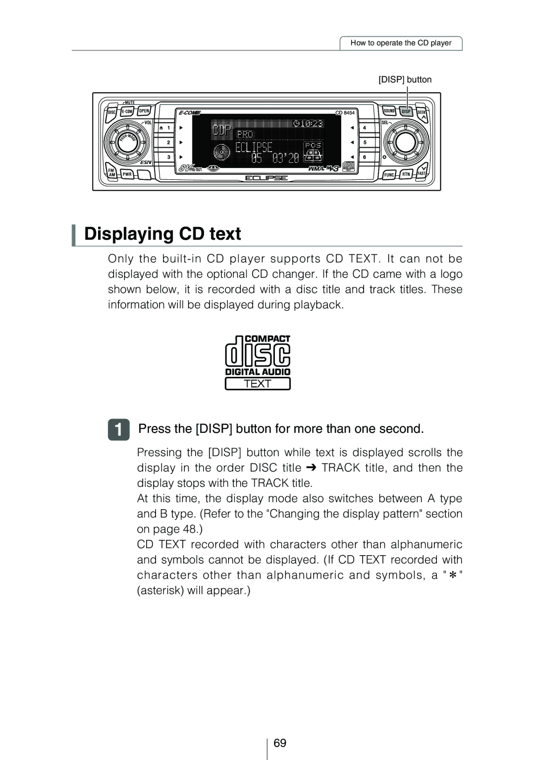 Eclipse - Fujitsu Ten CD8454 owner manual Displaying CD text, Press the Disp button for more than one second 