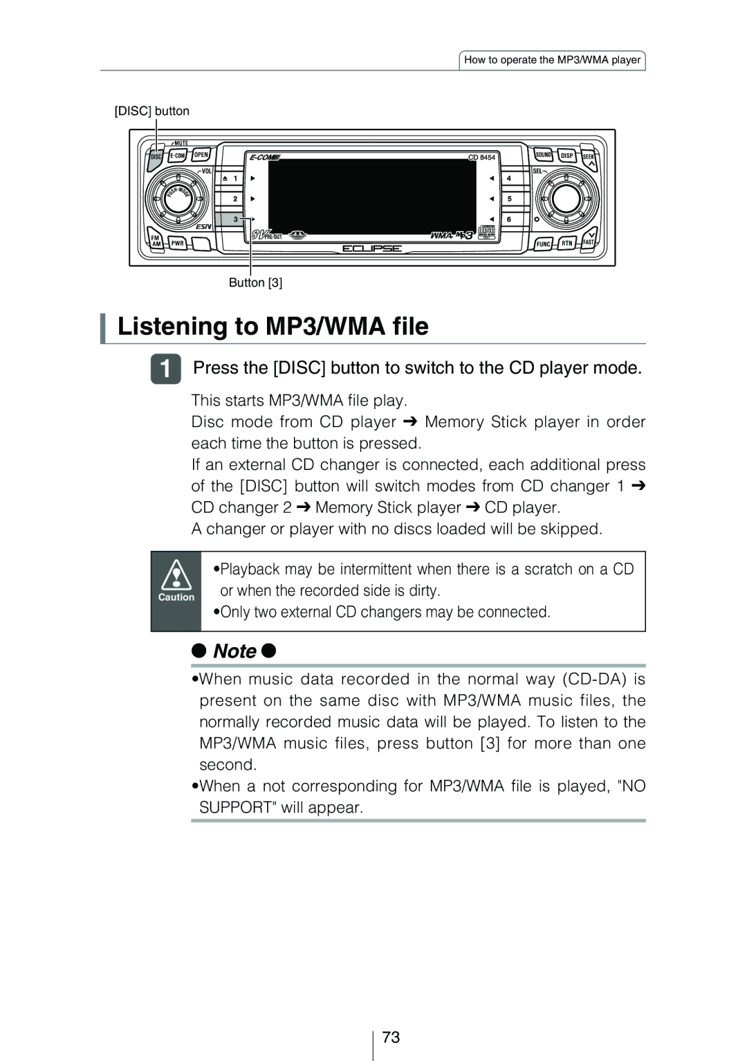 Eclipse - Fujitsu Ten CD8454 owner manual Listening to MP3/WMA file, Press the Disc button to switch to the CD player mode 