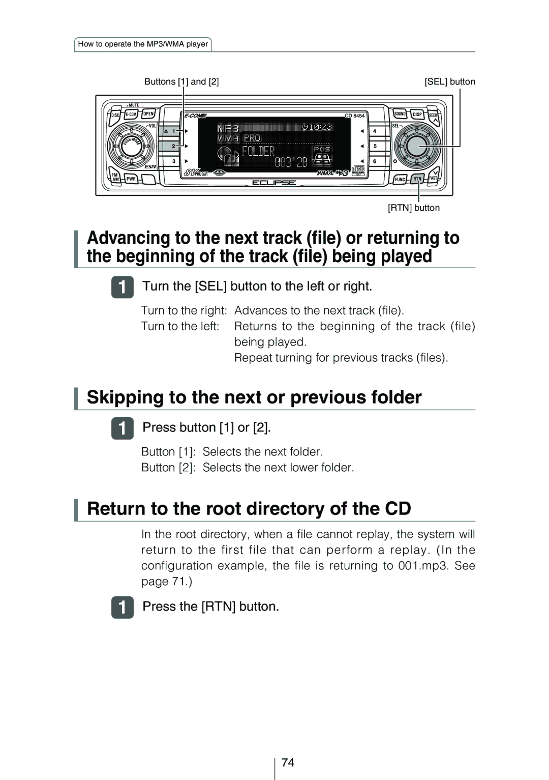 Eclipse - Fujitsu Ten CD8454 owner manual Skipping to the next or previous folder, Return to the root directory of the CD 