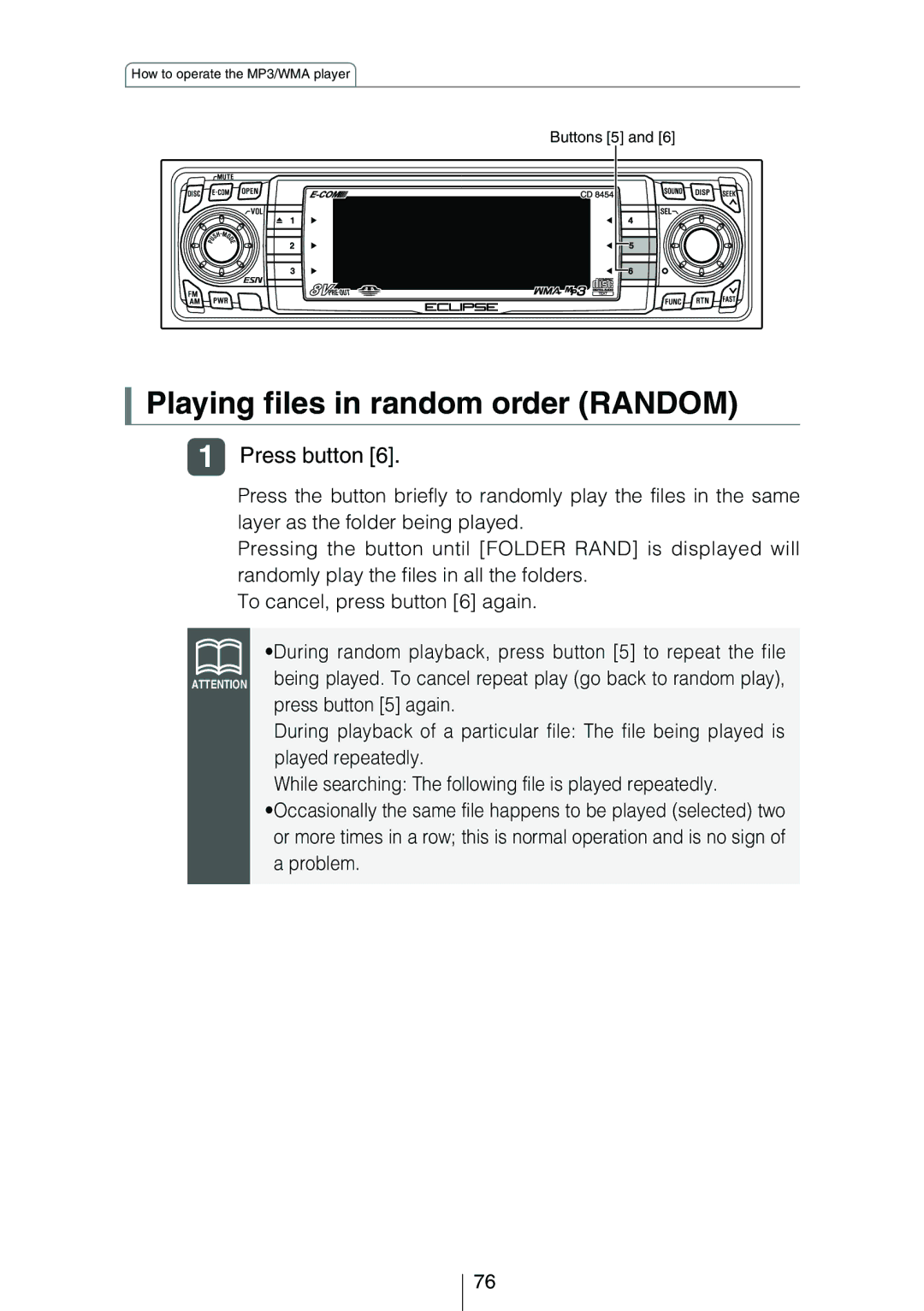 Eclipse - Fujitsu Ten CD8454 owner manual Playing files in random order Random 